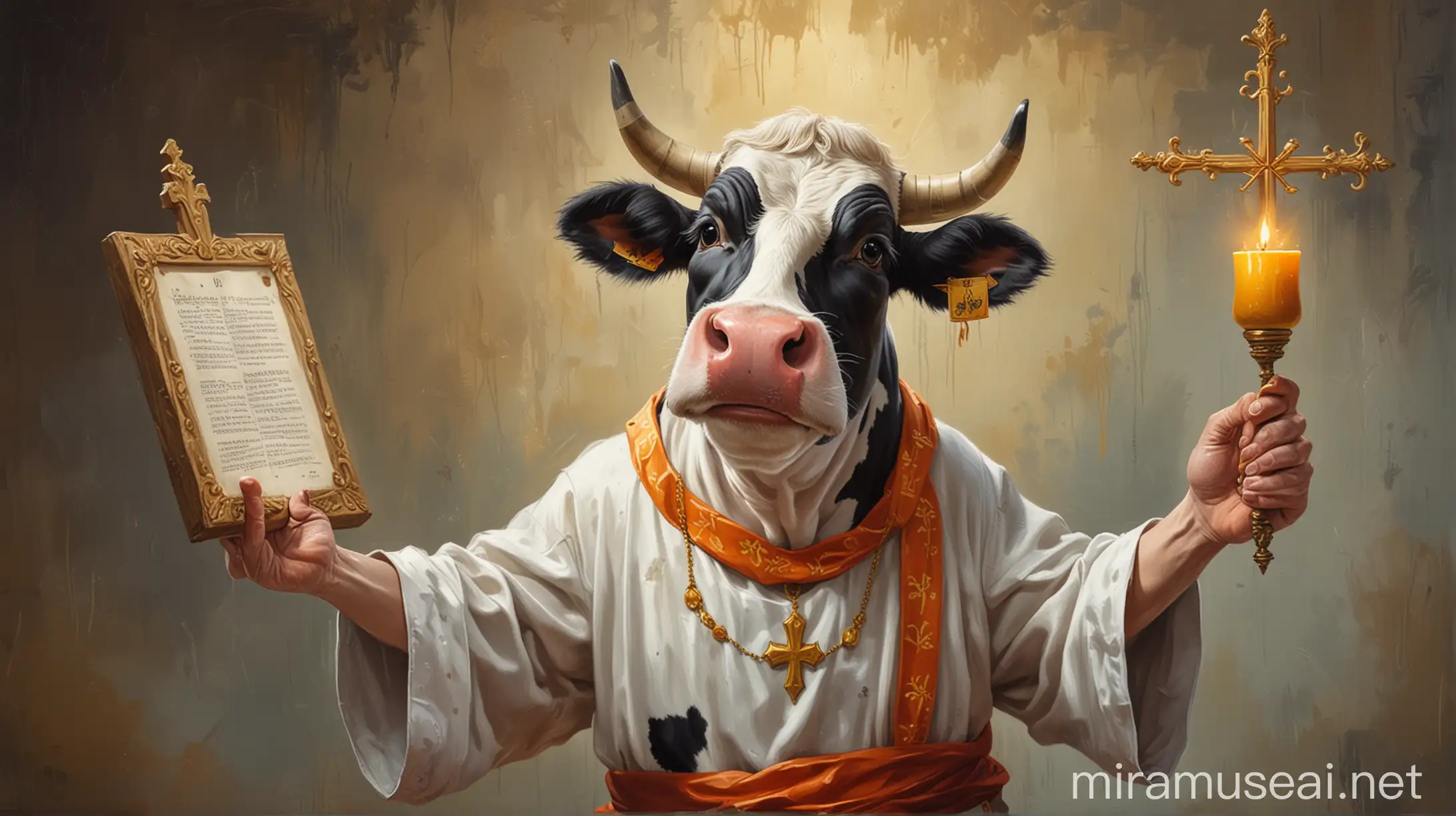 an oil painting cartoon cow plays the role of priest
