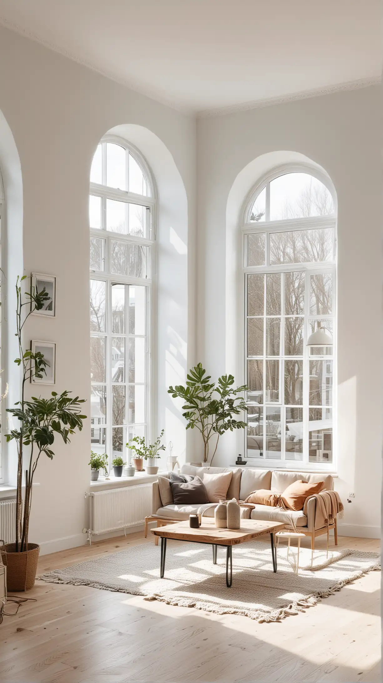 Bright Scandinavian living room with pristine white walls, natural light flooding in through large windows, minimal decor, and a cozy feel.