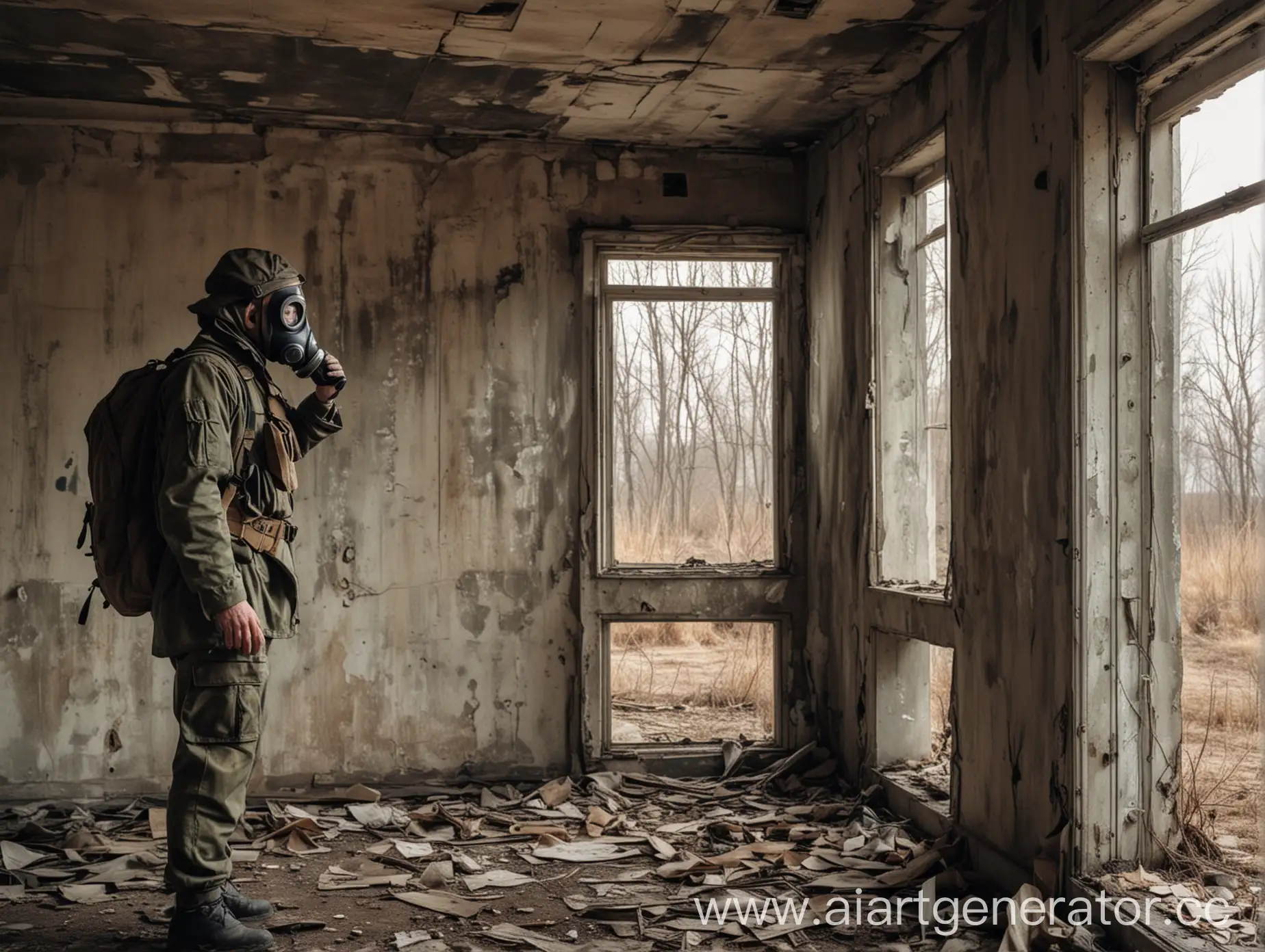 Военный в противогазе стоит и смотрит на заброшенный панельный дом 