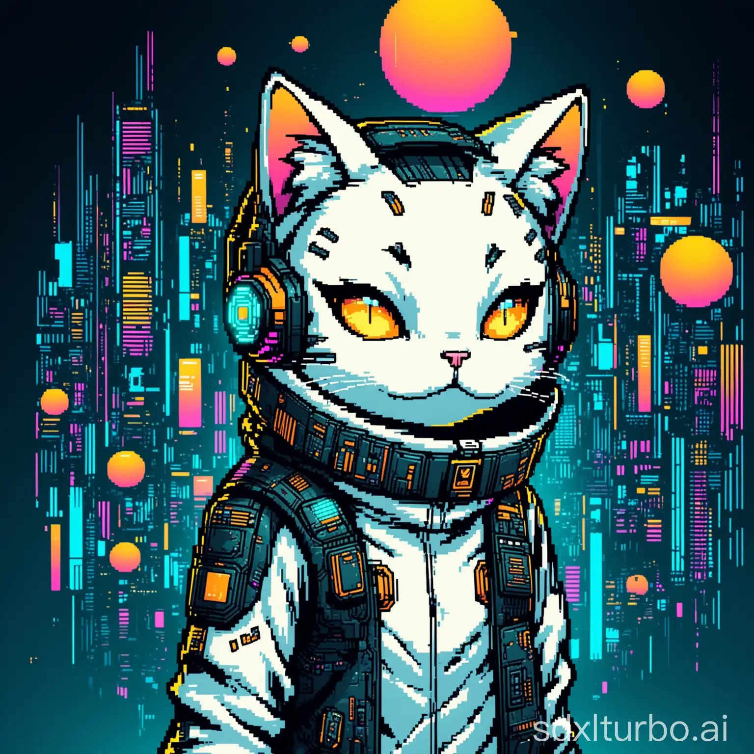 I want to generate a cyberpunk, cool cat. Hope for a bit of a cartoon style, but the style is balanced and not too exaggerated. Its identity is a programmer, with a white body and some patterns.