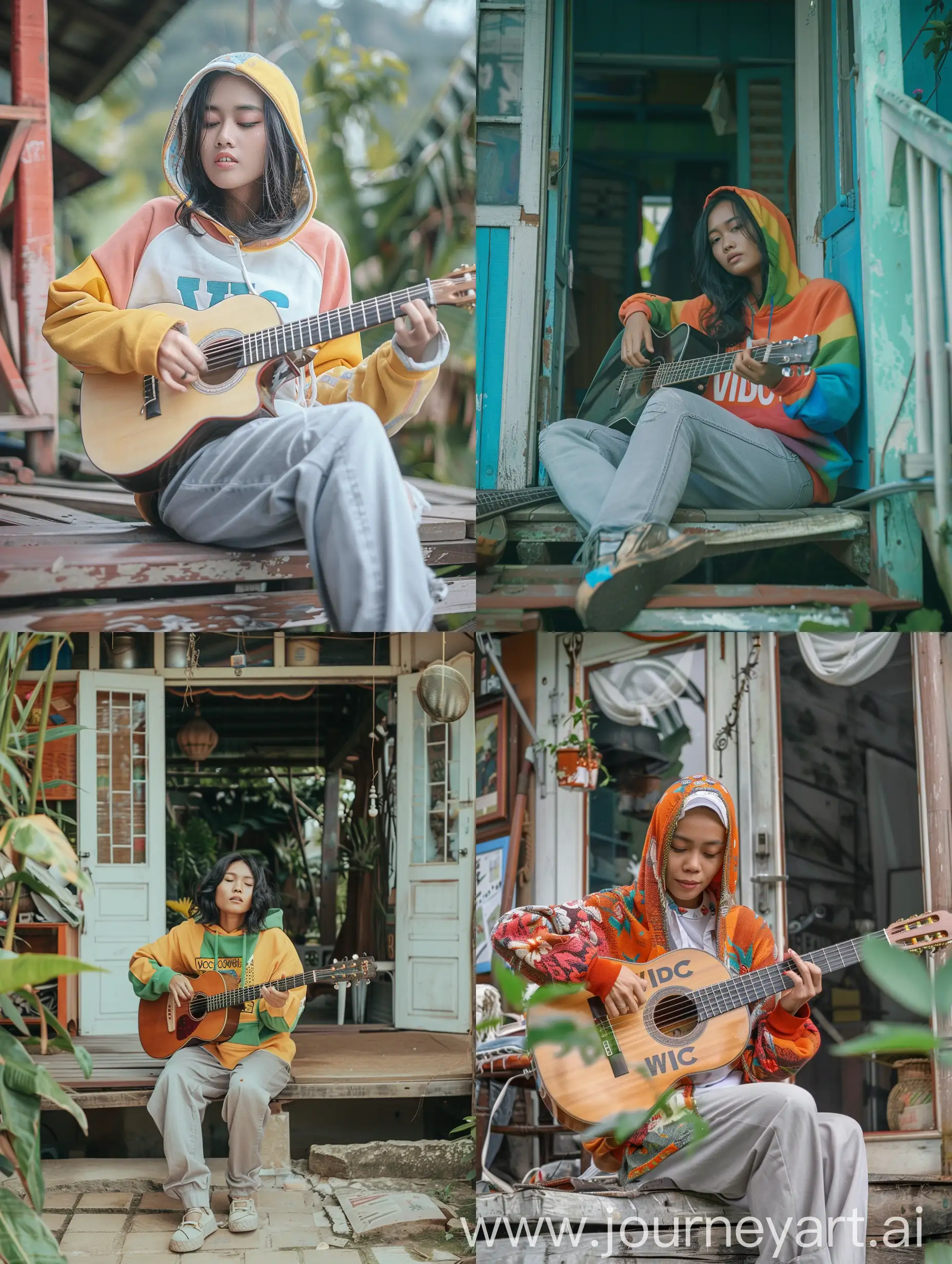 Original and authentic photo of a beautiful 30 year old Indonesian woman, wearing a colourfull hoodie with the word (VDC), light gray trousers, sitting on the terrace of a simple house while playing guitar, HD 16k photo quality clear and bright resolution