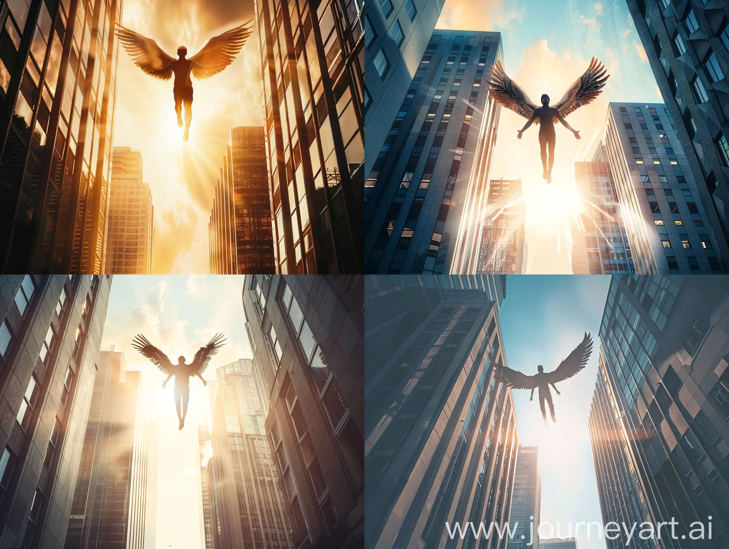 A man with wings flies between skyscrapers. The sun is shining behind him