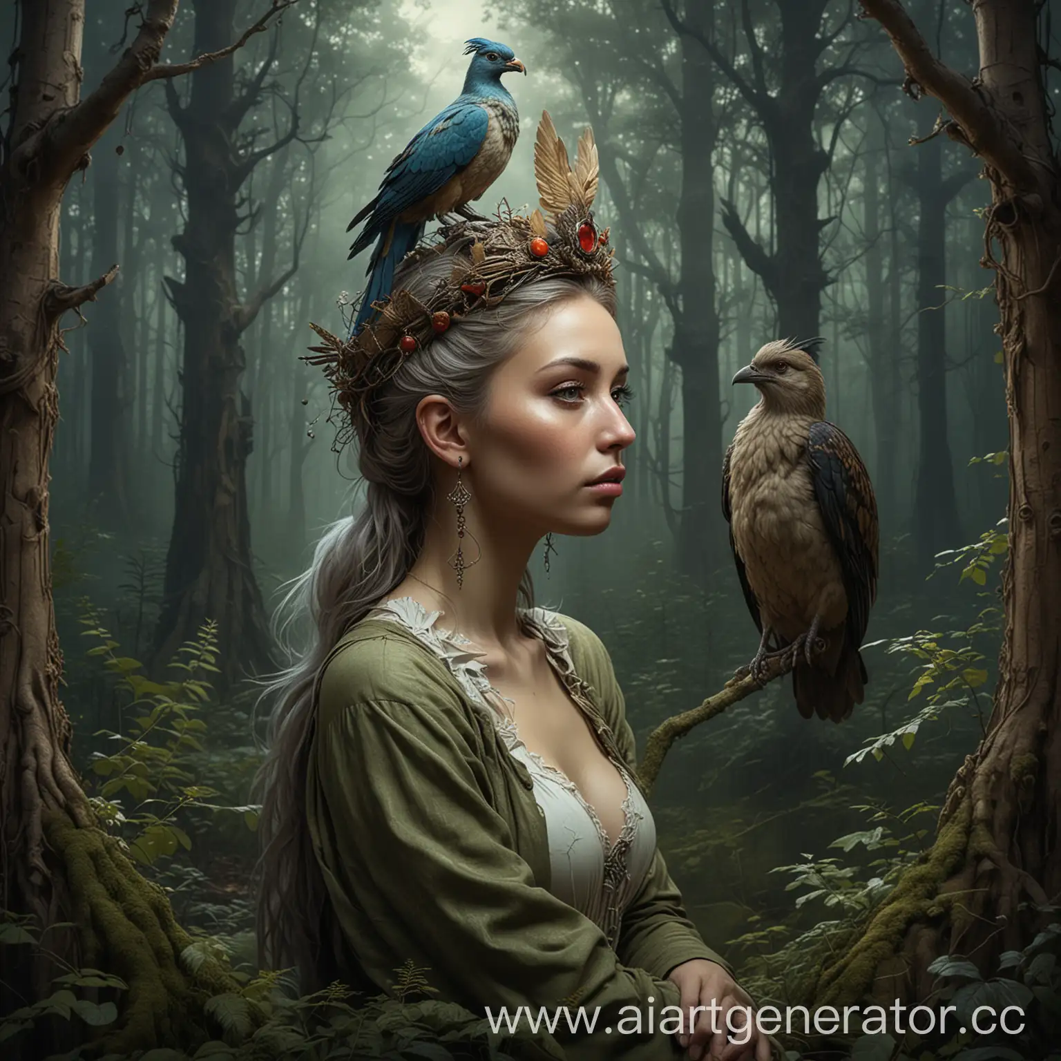 Fairy-tale style Bird Sirin with a woman's head sits against the backdrop of a scary dense forest