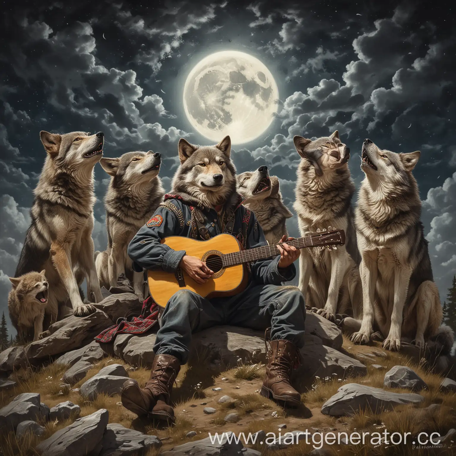 Нарисуй картинку. На вершине холма сидят и лежат 10 волков. На волках рубахи и лапти в древнерусском стиле. Между 5 и 6 волками стоит человек. В его руках гитара. Он поет. Он выглядит испуганным. На небе луна.