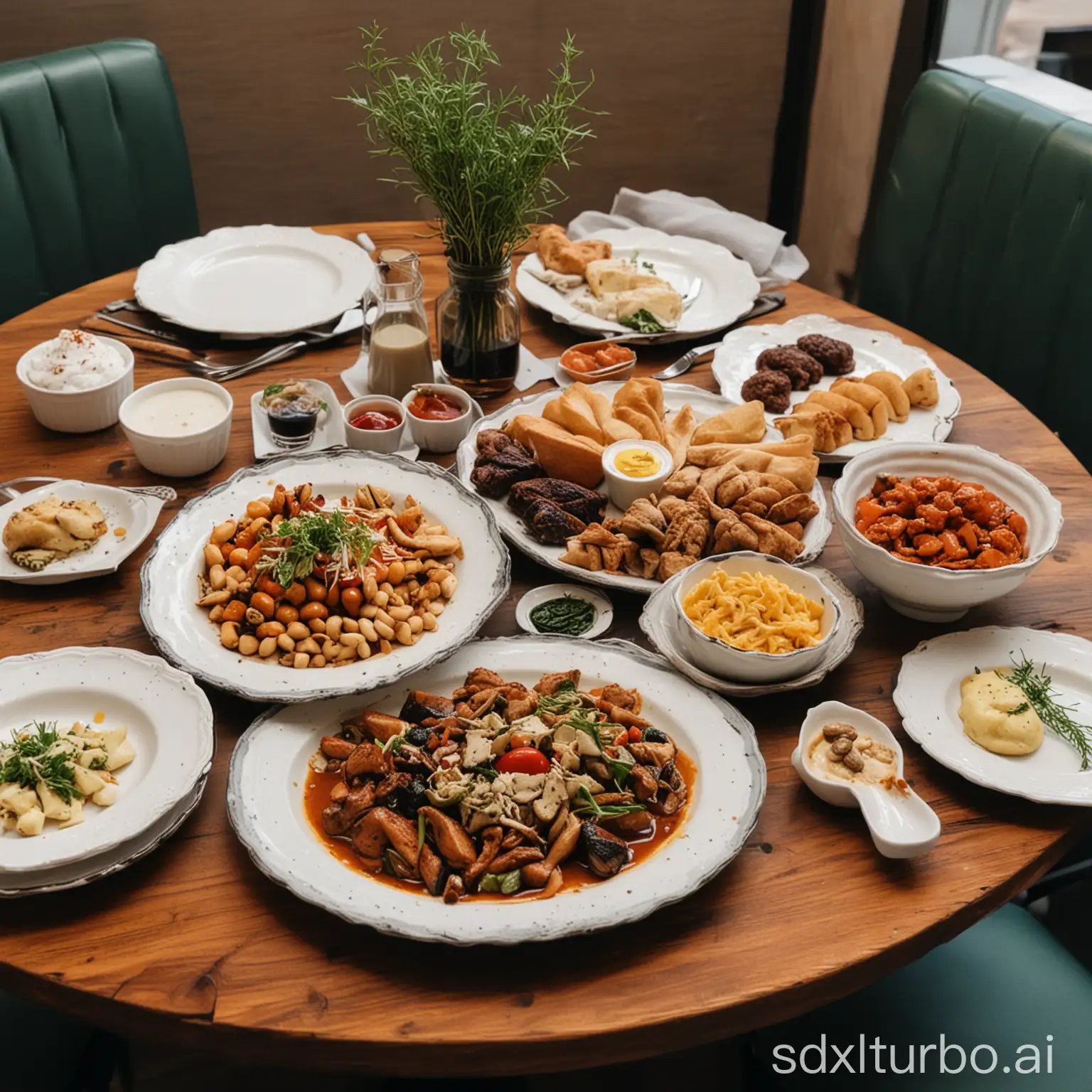 A table in a restaurant. The table is set with a plate of food. The food is delicious-looking.