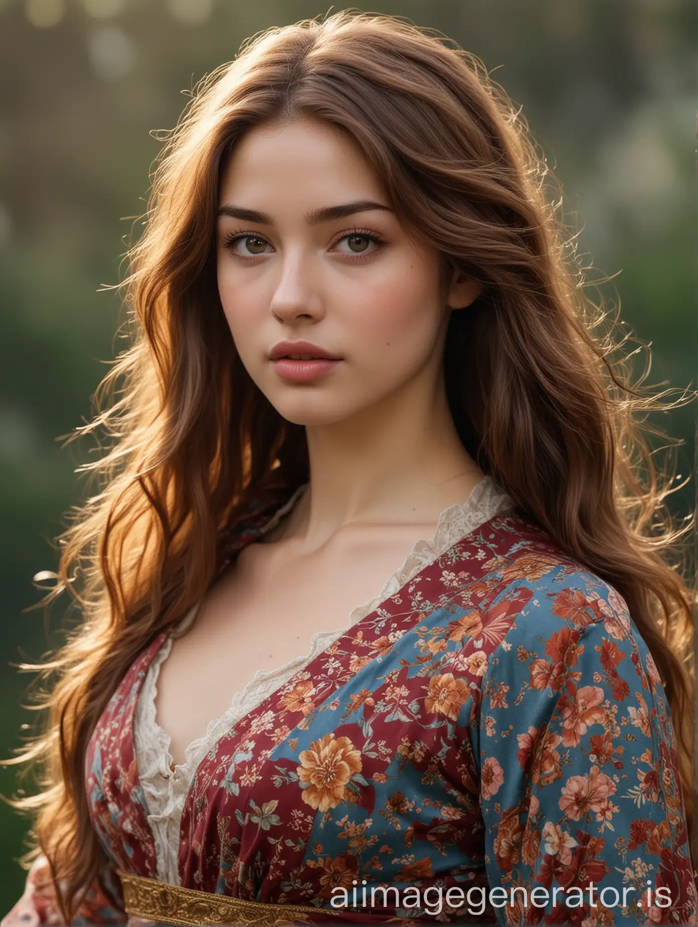 A slim but curvy girl, her face is oval with a prominent jawline, small but plumpy peach lips and fair-brown skin, auburn wavy long hair and sparkling eyes, one eye blue another eye grey, less-exposed sharp collar bone in maroon long-floral dress, showing her hourglass body.She is 5'4" tall with slender yet strong arms holding a sword, looking ferocious, gracious, beautiful and royal. Her facial features are overall soft, glowy and dewy.