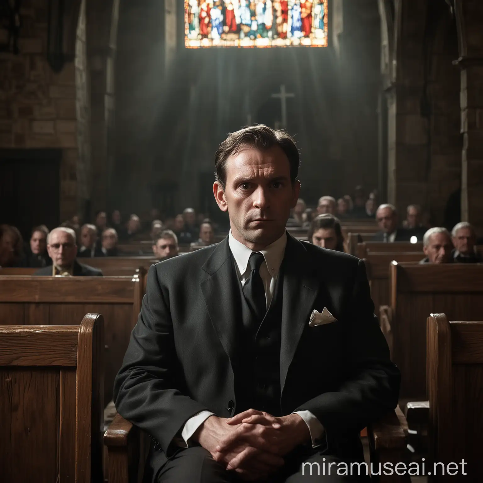 Eerie Man in Dimly Lit Church Haunting Presence in Gothic Setting