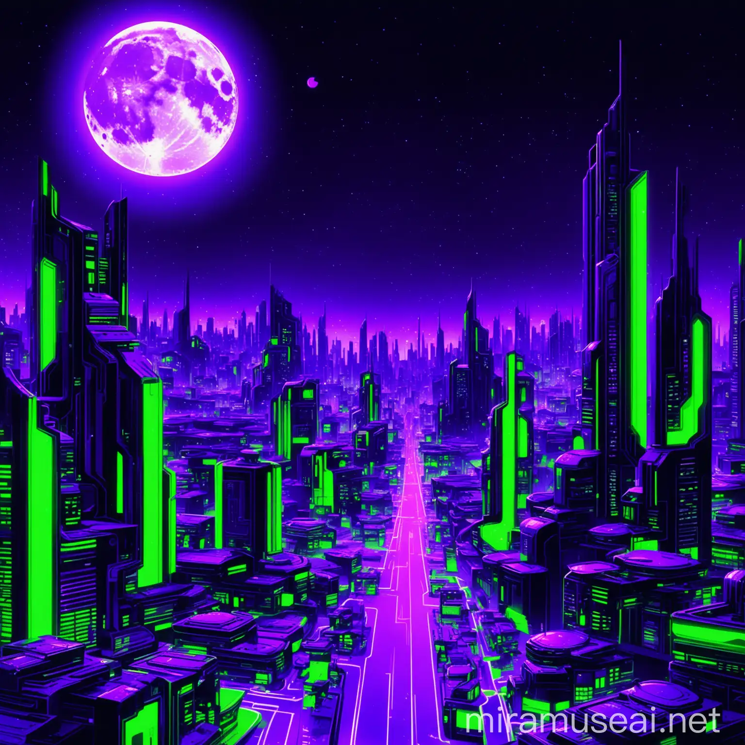 background, noir purple night, sky, cresent.moon, futuristic city, neon green