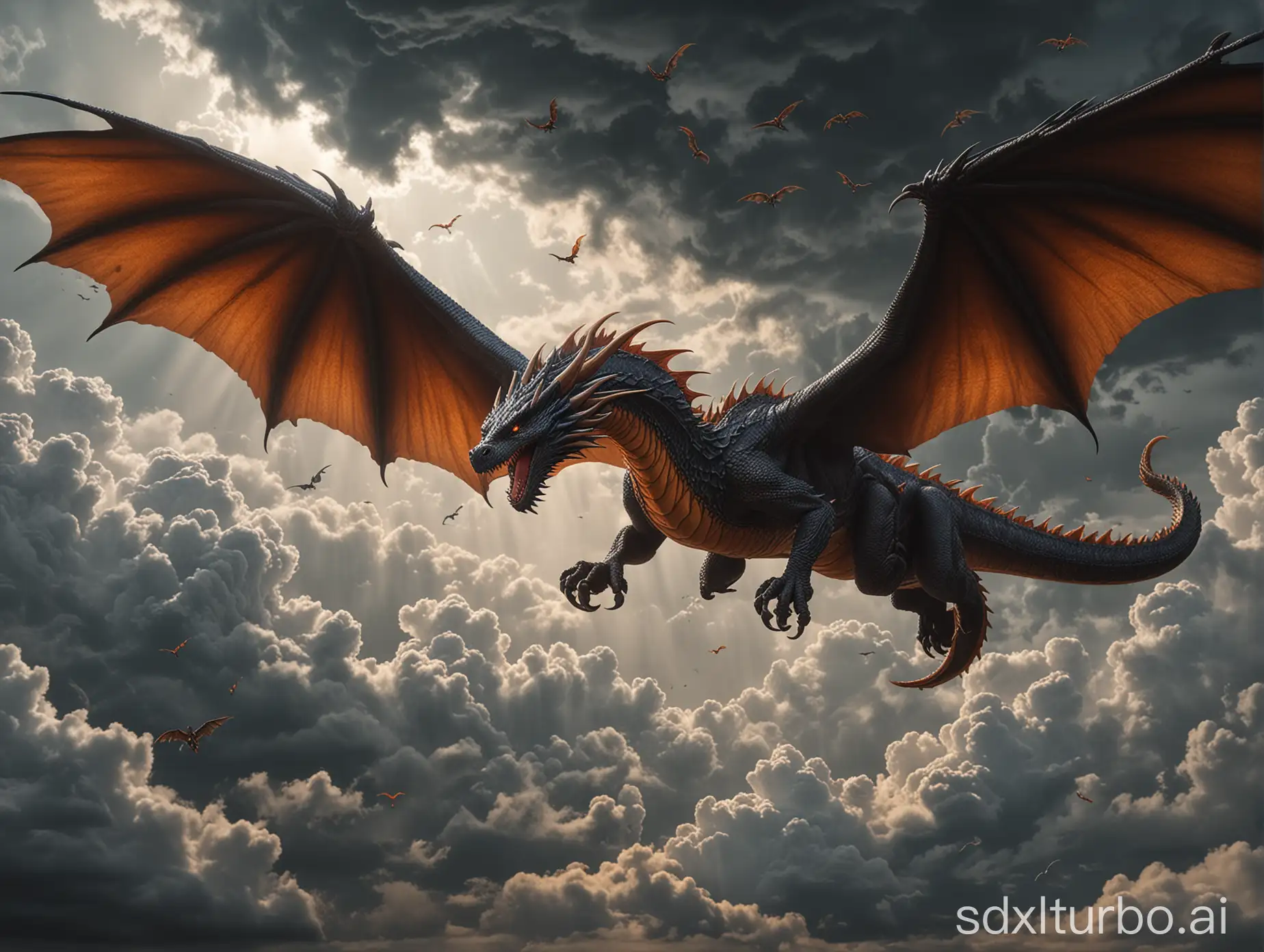 Two different dragons fighting each other high in the cloudy sky. One with dark orange wings is higher than the other with gray wings perfect composition, beautifully detailed intricate insanely detailed octane rendering, trends on artstation, 8 k, photorealistic concept art, soft natural voluminous cinematic perfect light, chiaroscuro, masterpiece, greg rutkowski  