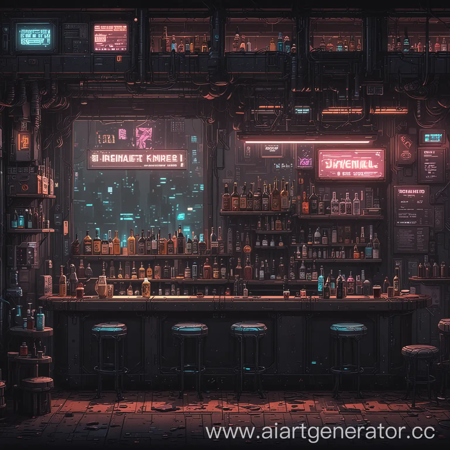 бар в стиле киберпанка в пиксель арте с видом от 2 лица
