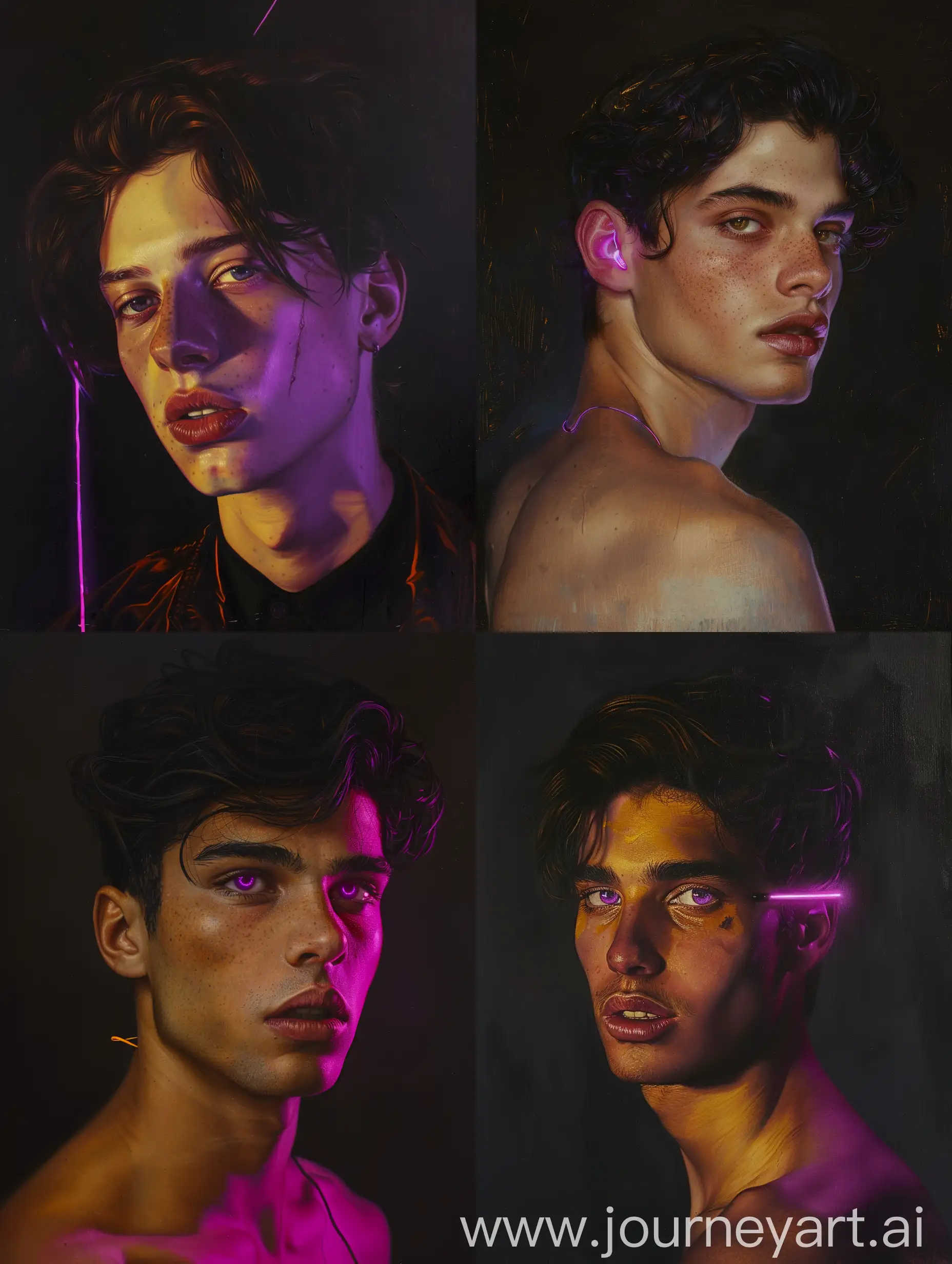A hyperrealistic oil painting portrait. dramatic Caravaggio-style chiaroscuro lighting with strong directional source sculpting;; waist up view of an extremely handsome young man with golden skin, jet black hair, feminine beauty, lean, purple eyes. Gentile Bellini neon lights seed 777-ar 9:16 --v 6.0