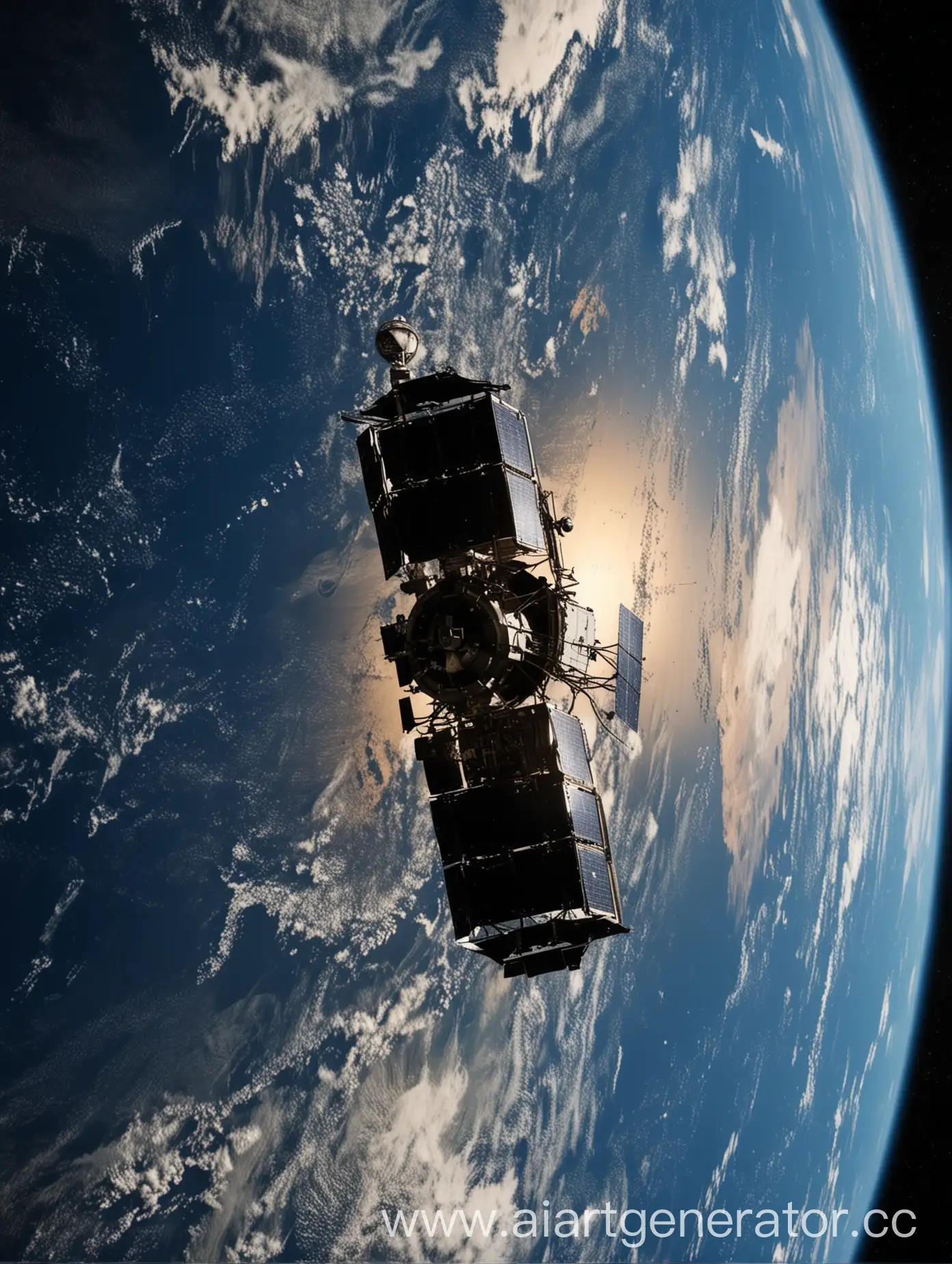 искусственный спутник рядом с землей. земля на отдалении. большую часть занимает черный космос