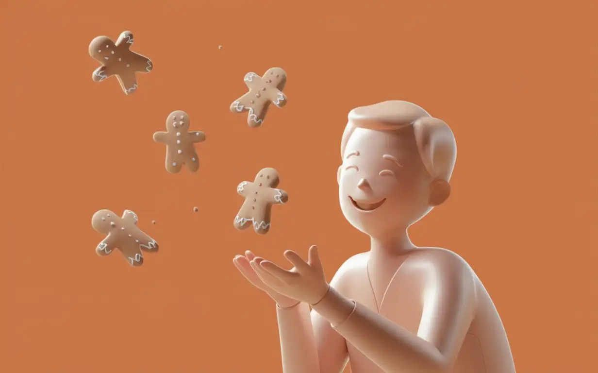 Joyful-3D-Character-Playfully-Tossing-Gingerbread-on-Vibrant-Orange-Background