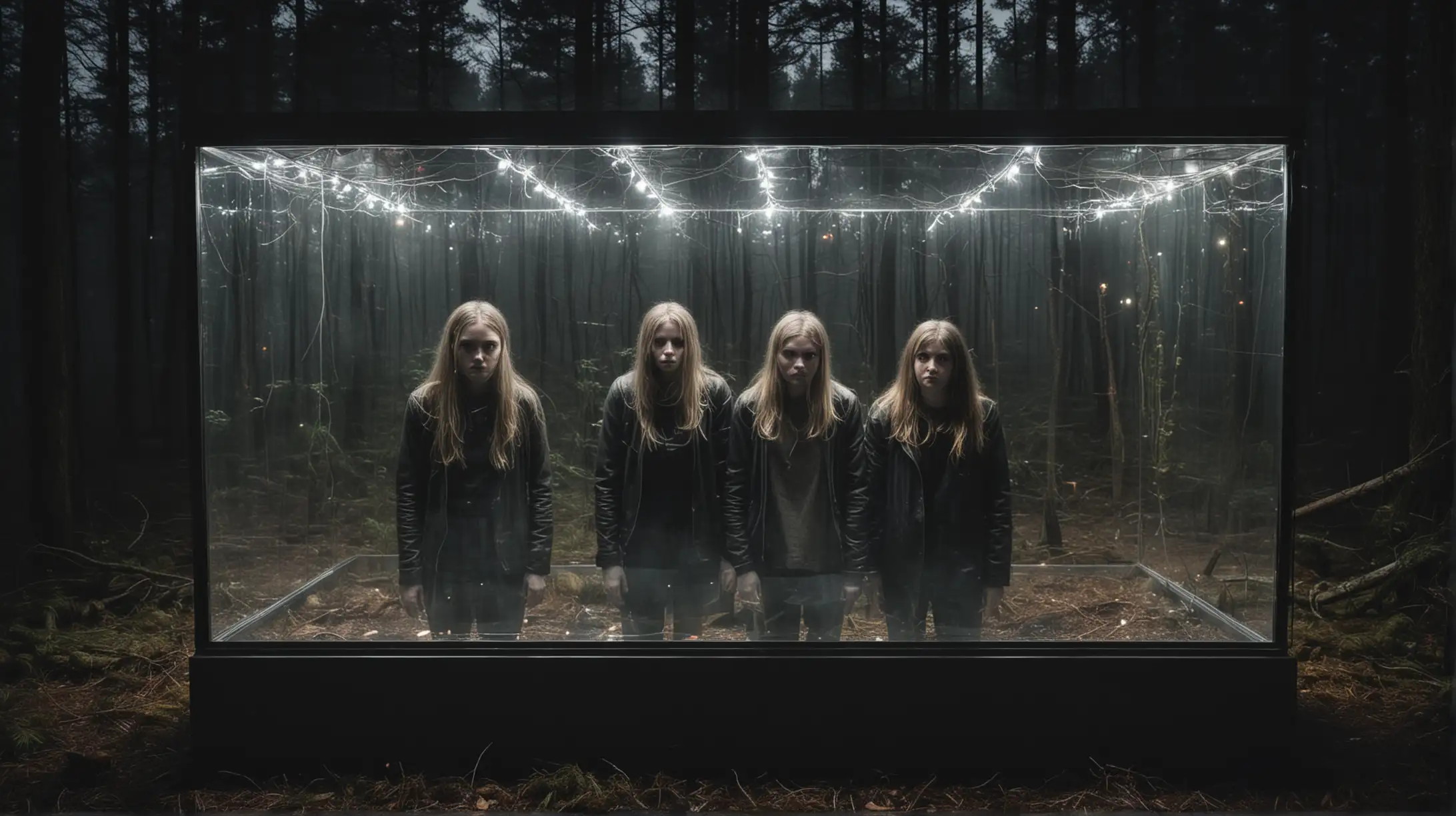 Four People in Illuminated Glass Box Amid Dark Scary Forest