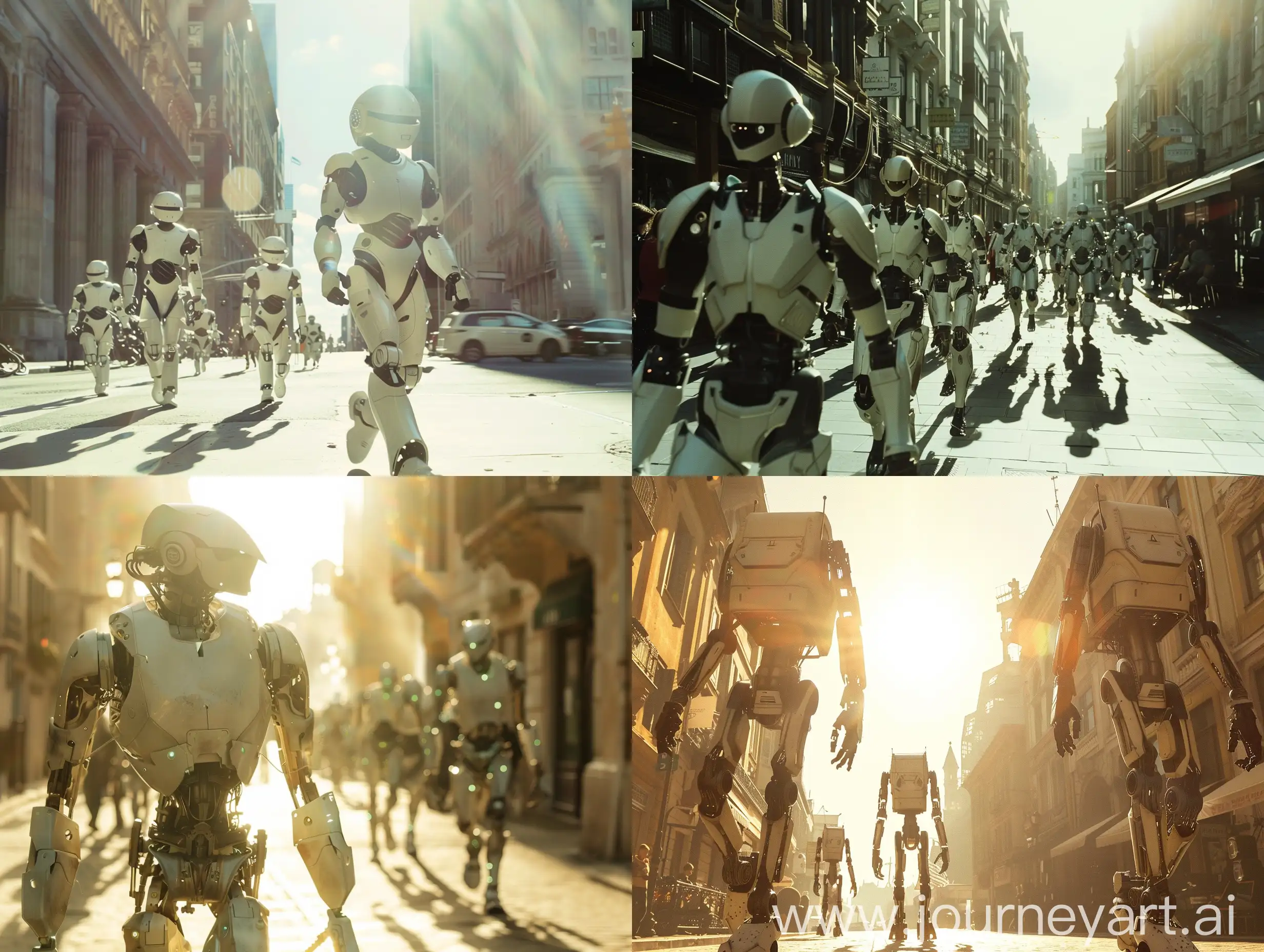 A cinematic still. A sunny day in the summer. Robots walking on the Streets. A movie by Christopher Nolan