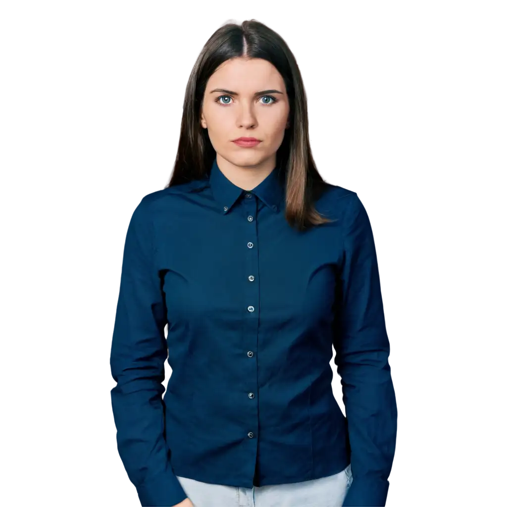 Portrait-of-a-27YearOld-American-Woman-in-a-Dark-Blue-Collared-Shirt-PNG-Image-for-Clear-Photo-ID