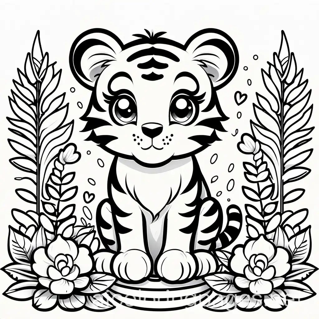 A cute baby tiger sitting with big sparkling eyes and adorable stripes, surrounded by tropical flowers, coloring book style., Coloring Page, black and white, line art, white background, Simplicity, Ample White Space.