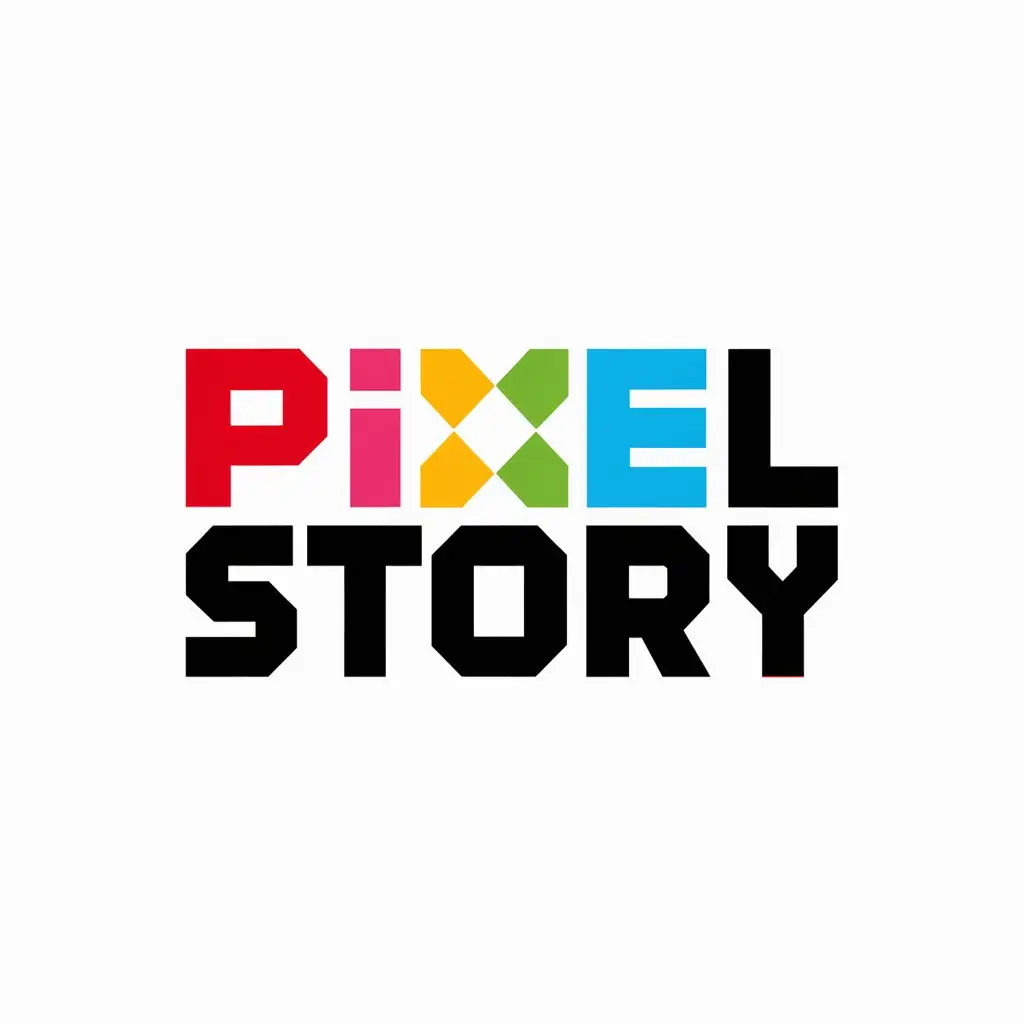 a logo design,with the text "PIXEL story", main symbol:words completely consist of colored squares, word pixel is large, word store is smaller. White background,complex,be used in Entertainment industry,clear background