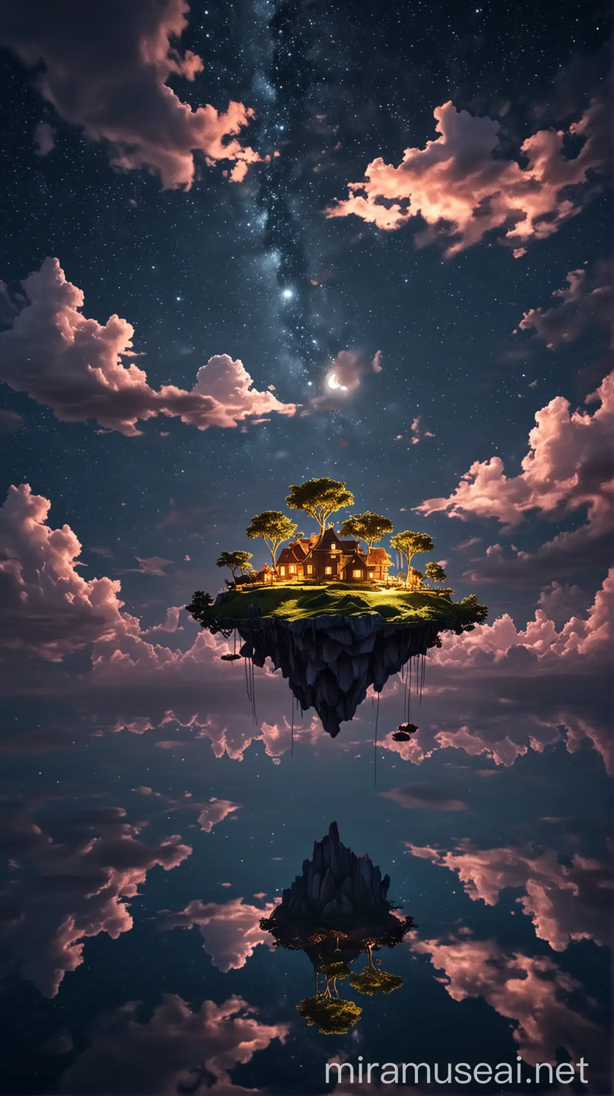floating islands at night with pretty clouds