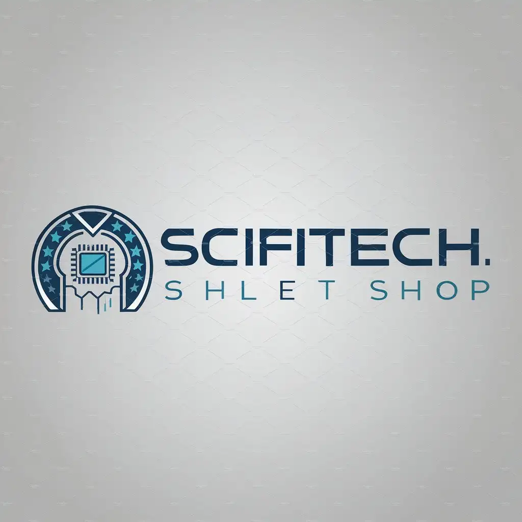 a logo design,with the text 'SciFiTech.shop', main symbol:stargate and a microchip,Moderate,be used in Technology industry,clear background use some blue and get rid of the stars.