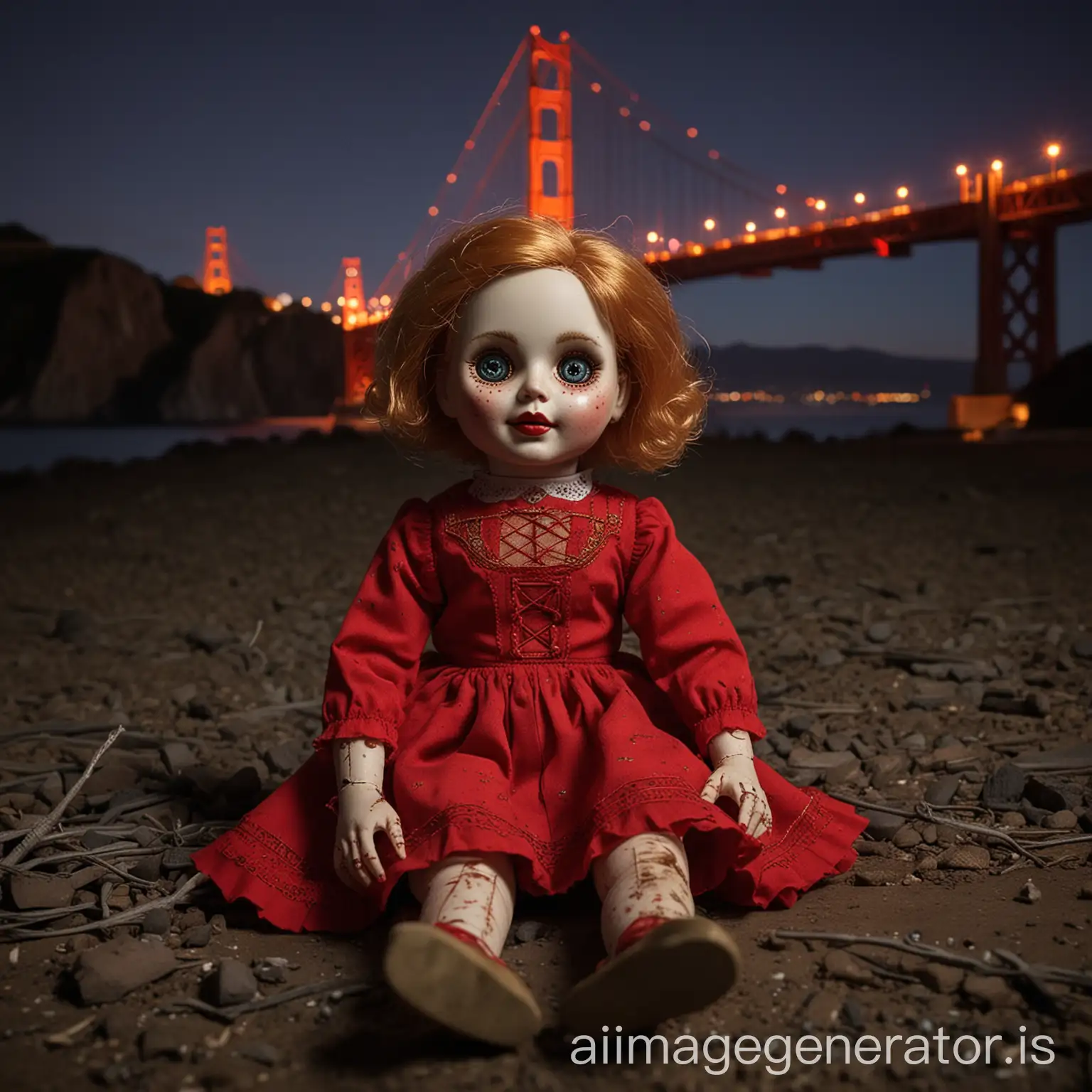 create a portrait image of a creepy doll inspired by the "Golden Gate Doll" in California, in broad night time, laying on the ground  facing the camera, with The Golden Gate Bridge in the background, 
and she is wearing red
