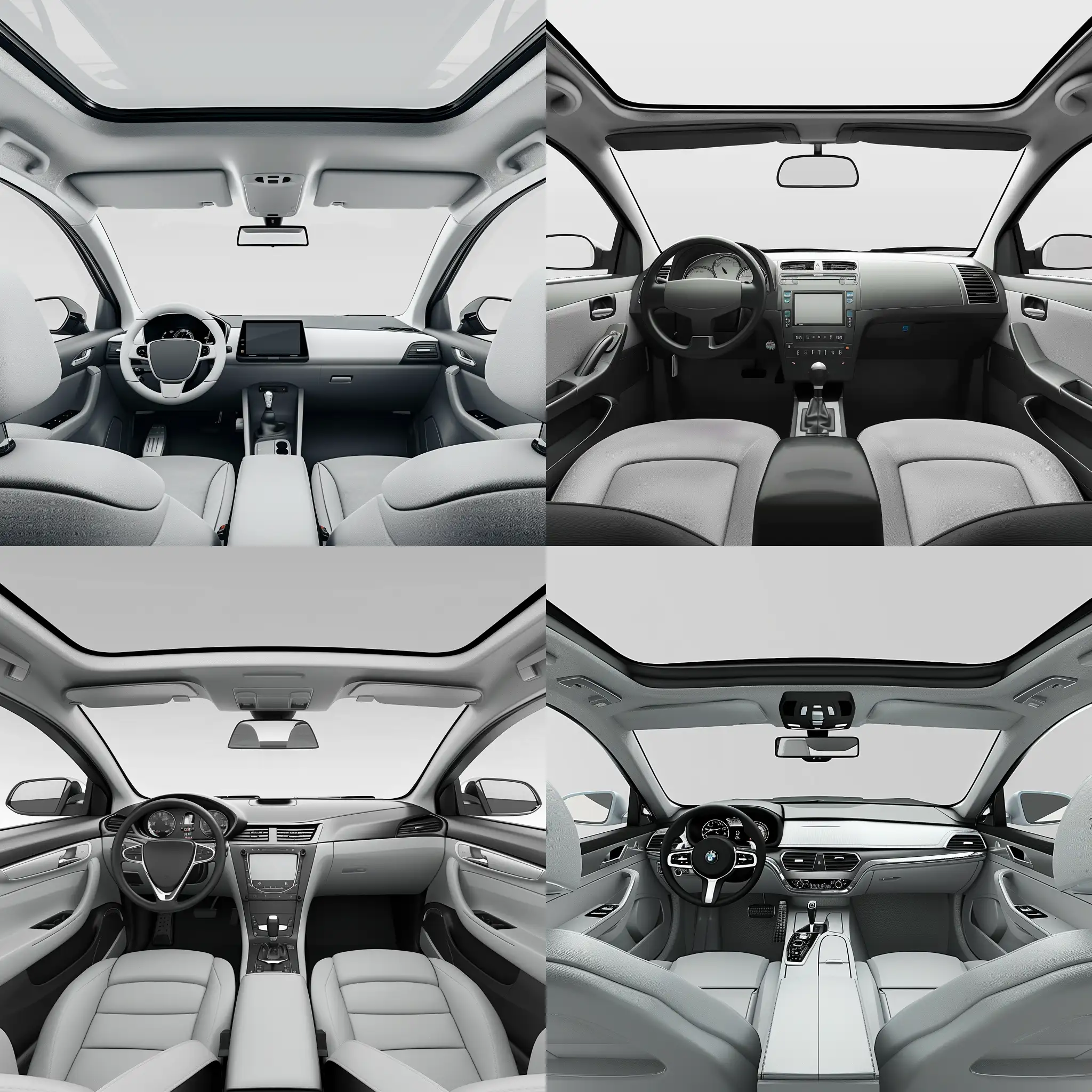 genereaza-mi imagine realista in care sa fie aparte fiecare din accesoriile de interior a masinii, pscaune, macarale geam, volat, bordul masinii pe fundal alb-gri
