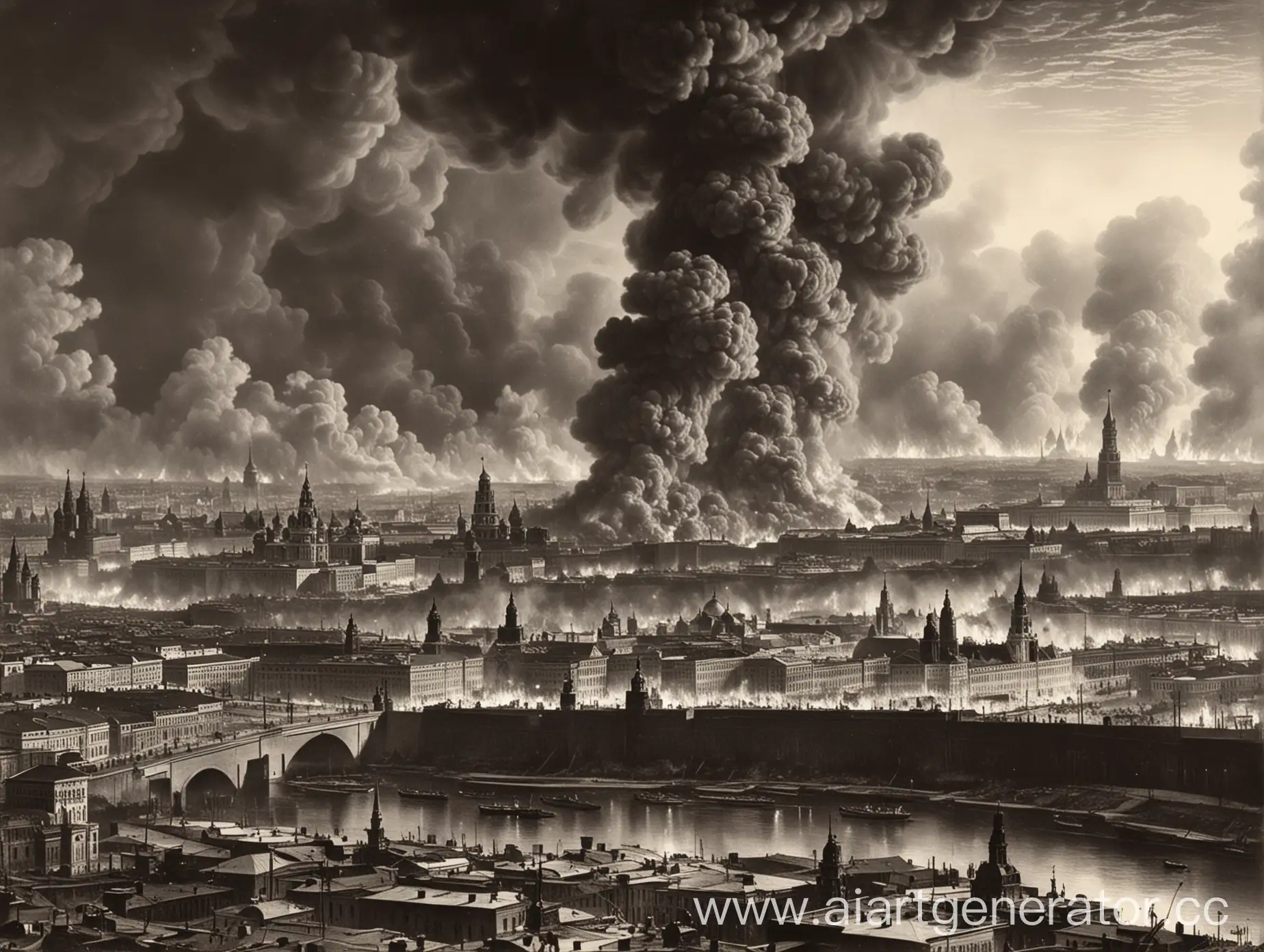 panorama of Moscow engulfed in fire, 1812, black and white colors