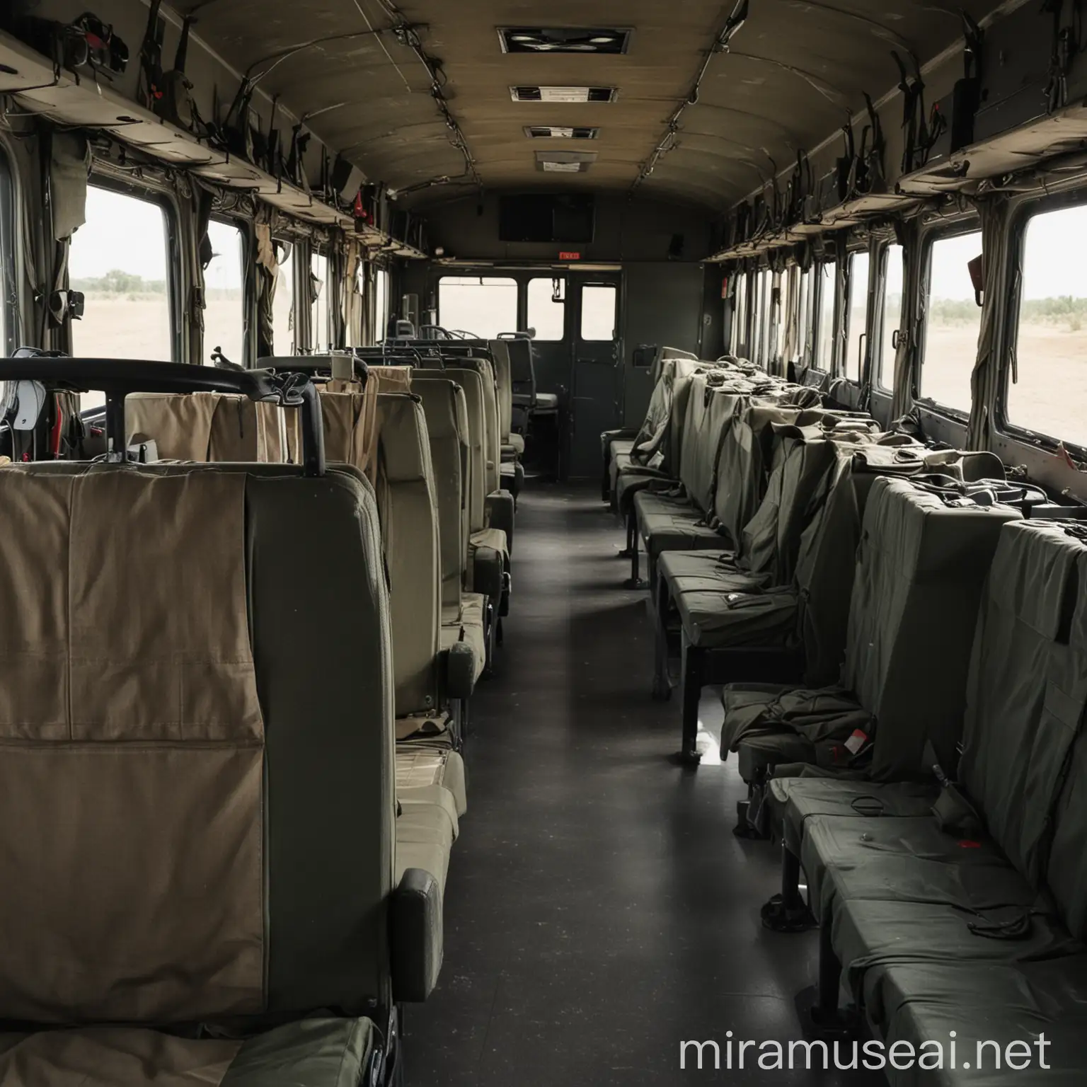 empty soldier seat inside of Military convoy vehicle

