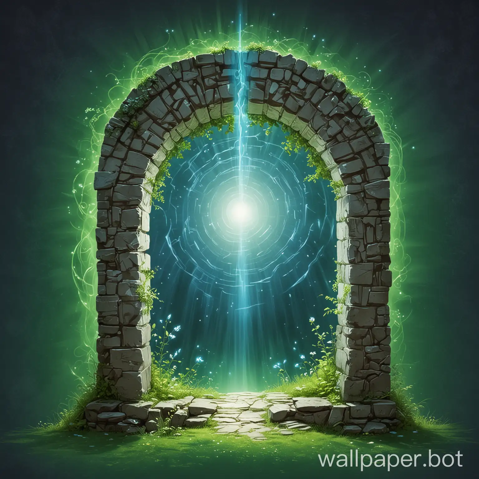нарисуй магический портал из которого исходит сине-белый свет на зеленом фоне