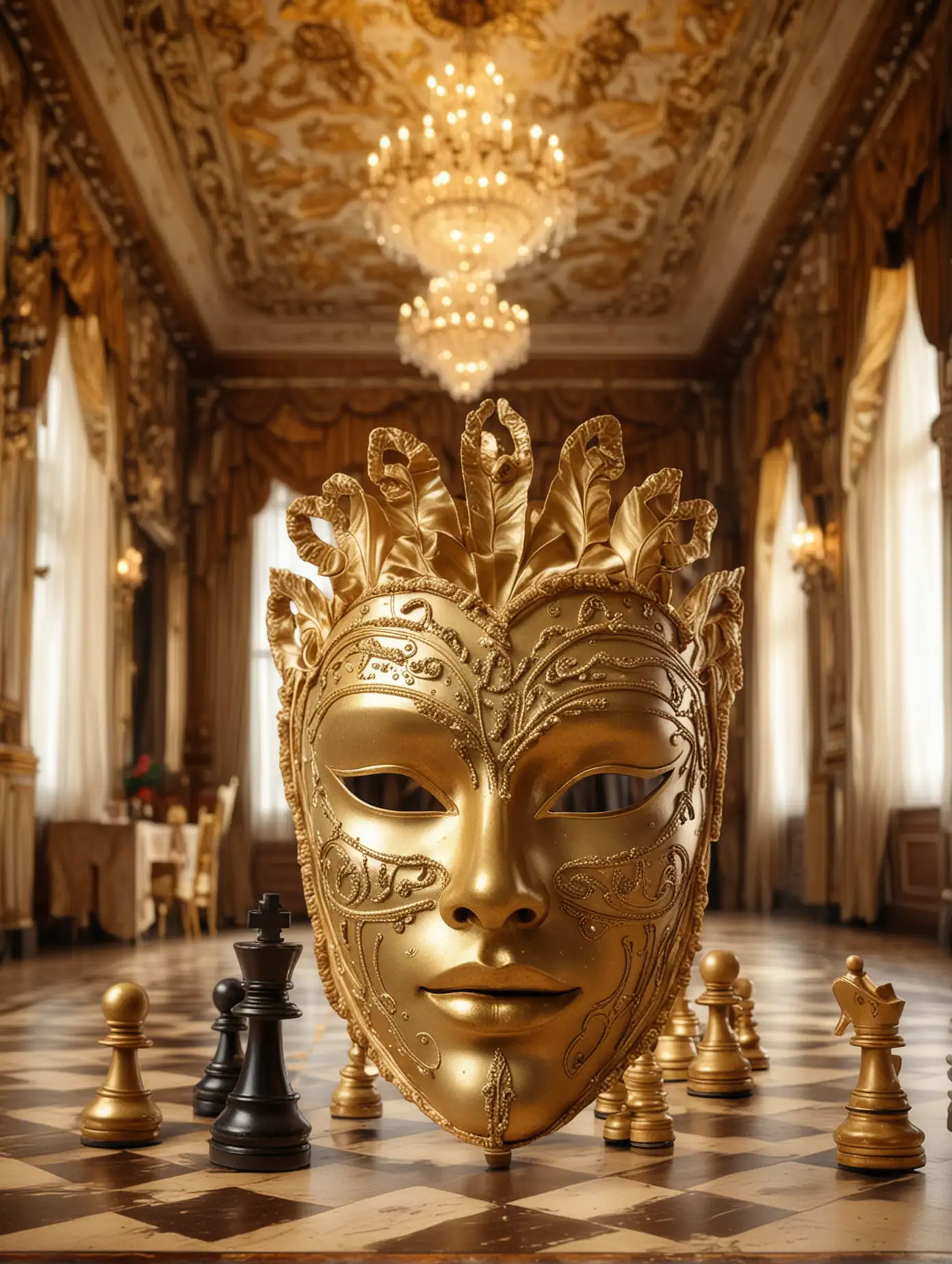 золотая карнавальная маска на фоне бального зала и шахмат