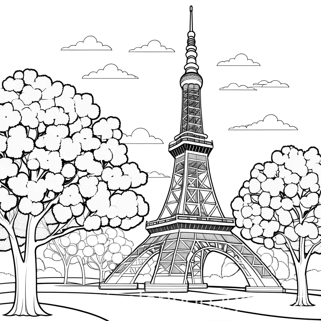 cartoon A simplified version of the Tokyo Tower with cherry blossom trees that have large petals and branches for easy coloring., Coloring Page, black and white, line art, white background, Simplicity, Ample White Space. The background of the coloring page is plain white to make it easy for young children to color within the lines. The outlines of all the subjects are easy to distinguish, making it simple for kids to color without too much difficulty