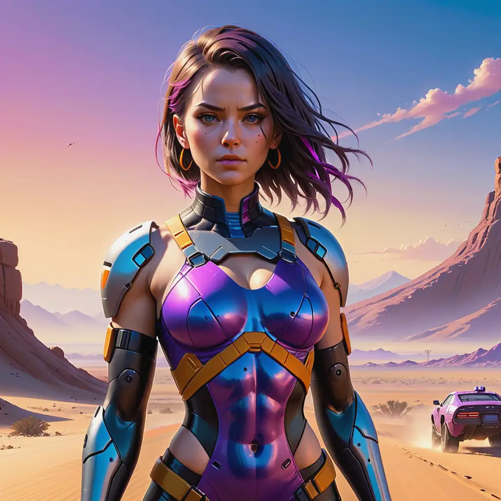 Create cover art inspired by Panam Palmer from Cyberpunk 2077. The artwork should depict a lone figure, resembling Panam, standing against a vast desert backdrop under a twilight sky. Emphasize her rugged and resilient appearance, reflecting her as a survivor and a warrior of the desert. The scene should capture the harsh beauty of the desert environment, using a palette of deep oranges, purples, and blues to convey both the toughness and the freedom represented by her character. The figure should be portrayed in a contemplative pose, looking off into the distance, with subtle hints of futuristic elements to tie back to her origins from Cyberpunk 2077.
