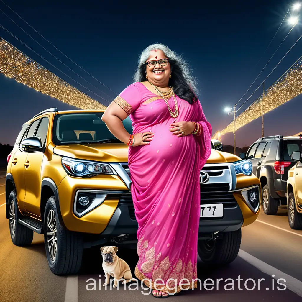 Mature-Indian-Woman-with-Gold-Ornaments-and-Pet-Dog-at-Night-on-Highway