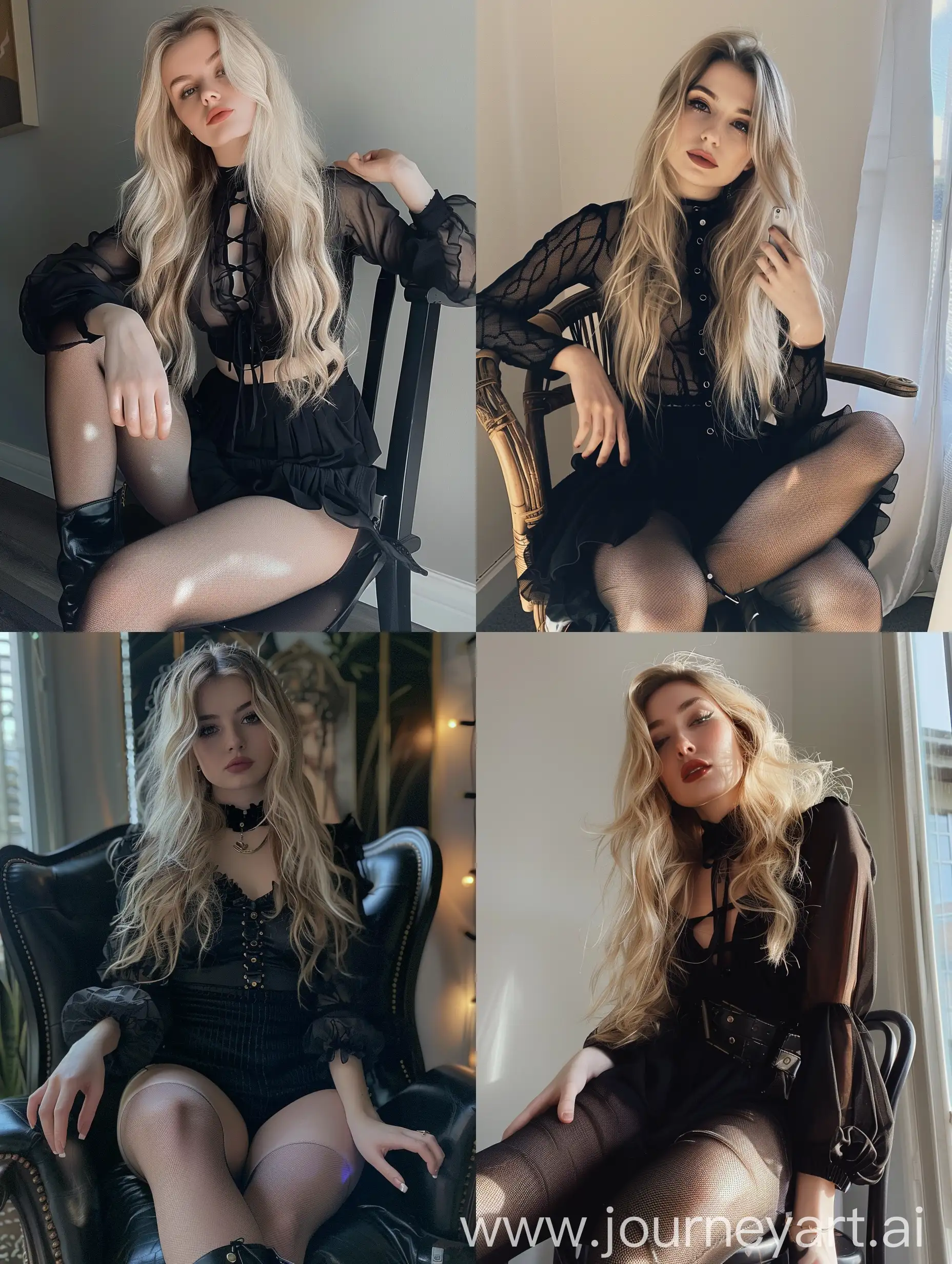 1 young woman, 22 years old, blonde long hair, selfie, iphone selfie, black blouse, black skirt, , makeup,, sitting on chair, fat legs, black boots