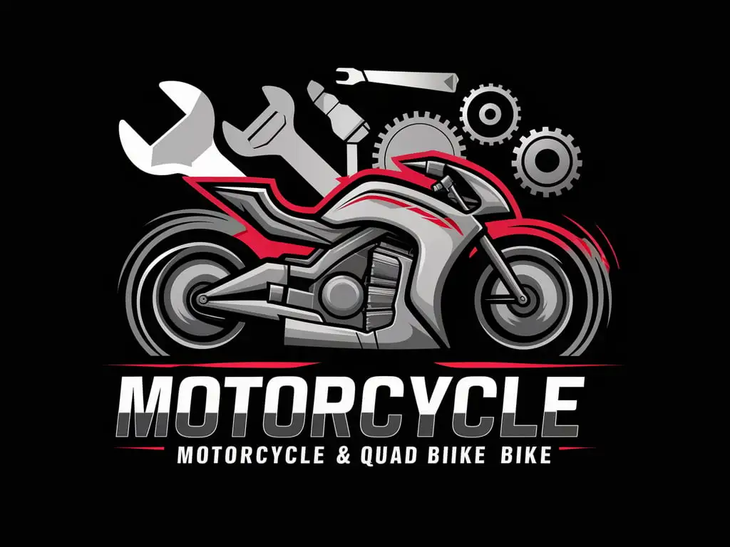 Логотип для мастерской мотоциклов, квадроциклов. На главном фоне байк, на заднем фоне гаечные ключи, двигатель, поршни