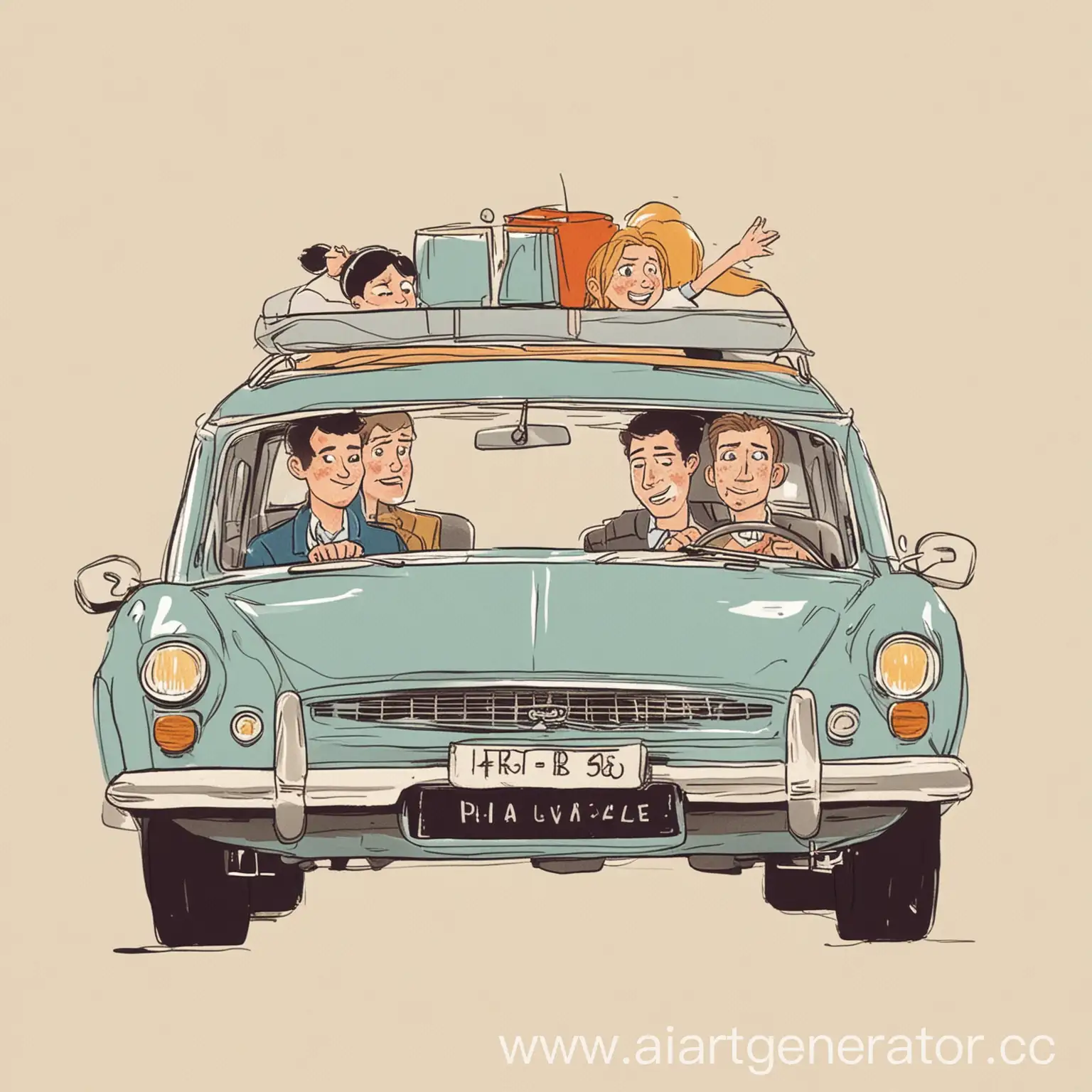 car pooling draw a vector with 4 adult passengers in a French car going to work