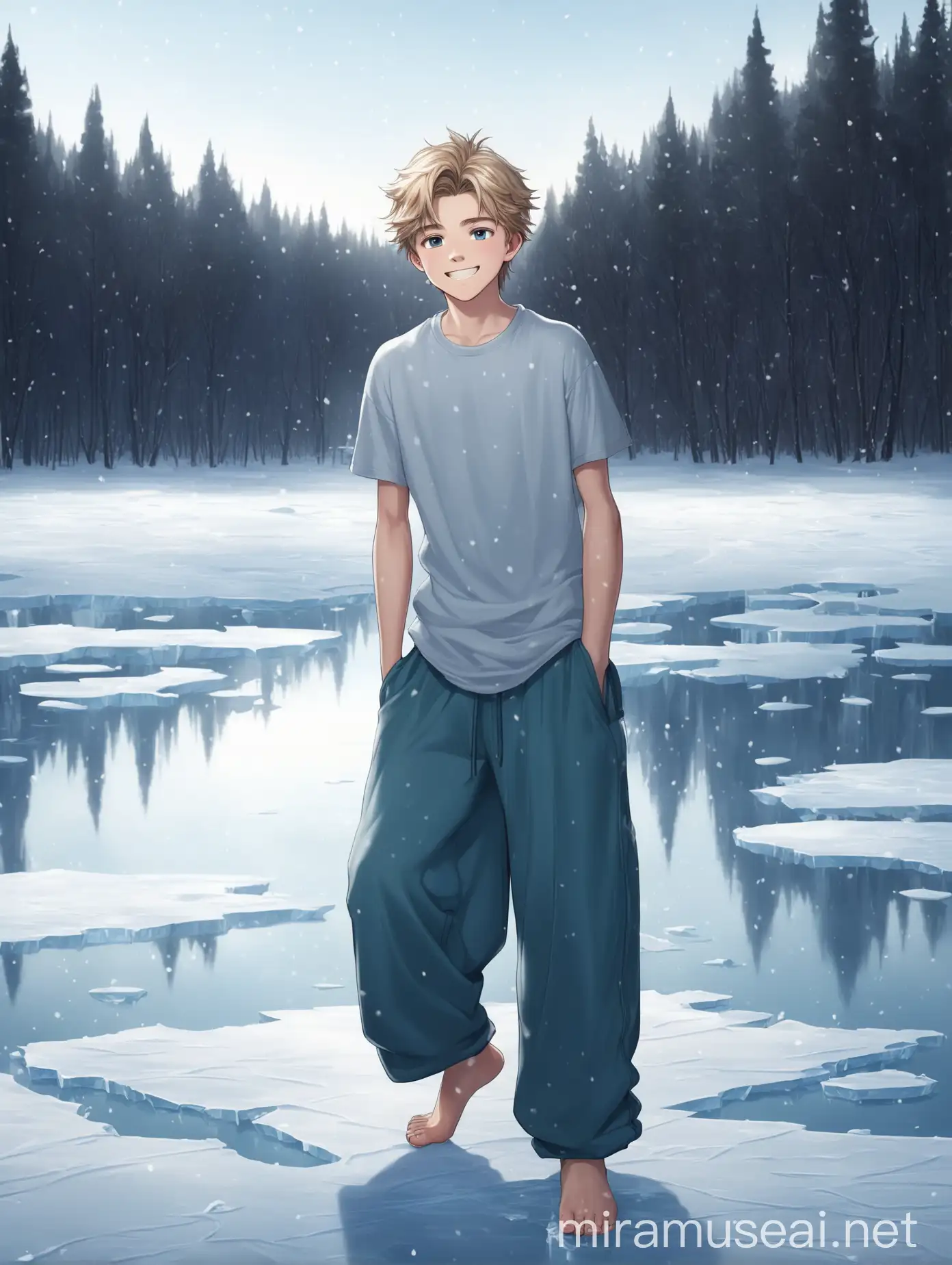 Мальчик 18 лет, светлые волосы, улыбка, босиком, футболка, широкие длинные штаны, босые ноги, снег, лед, замерзшее озеро, зима, лес