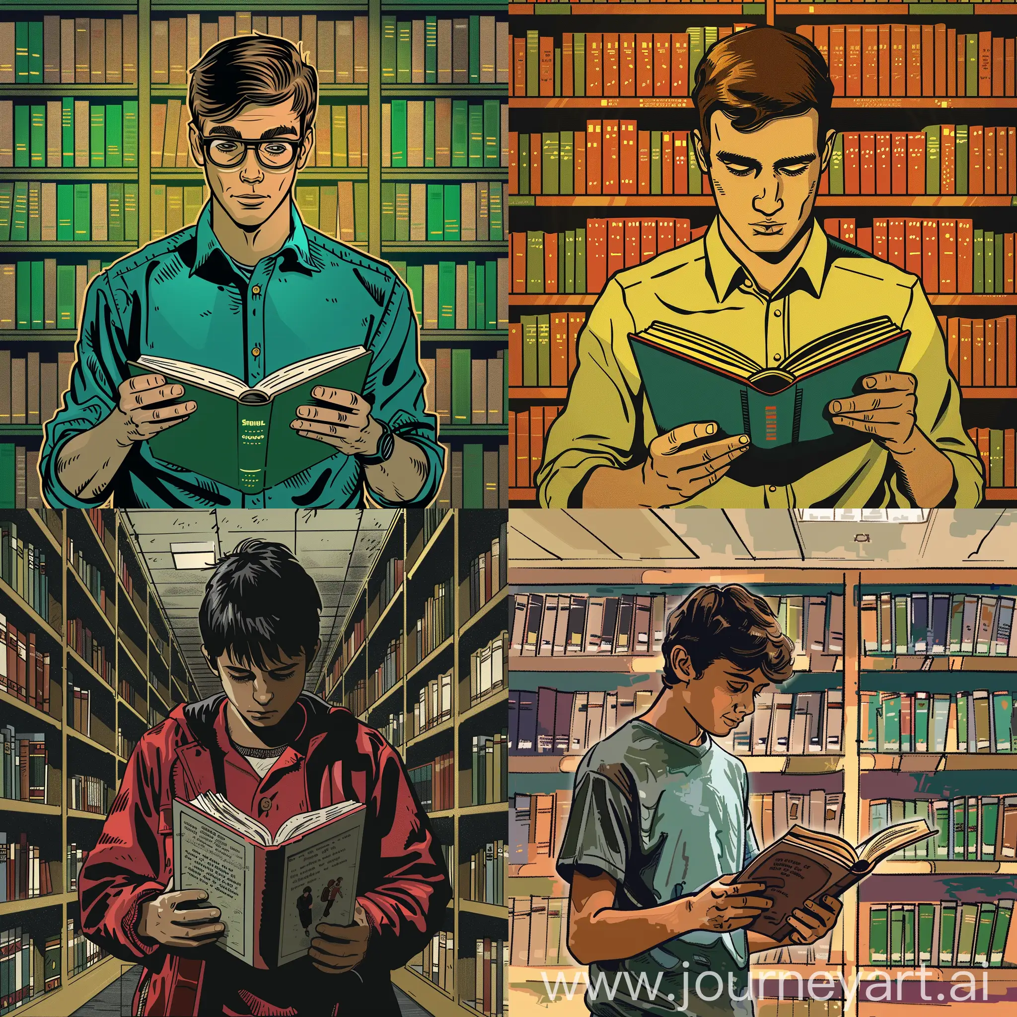 student reading a book  in library comic style