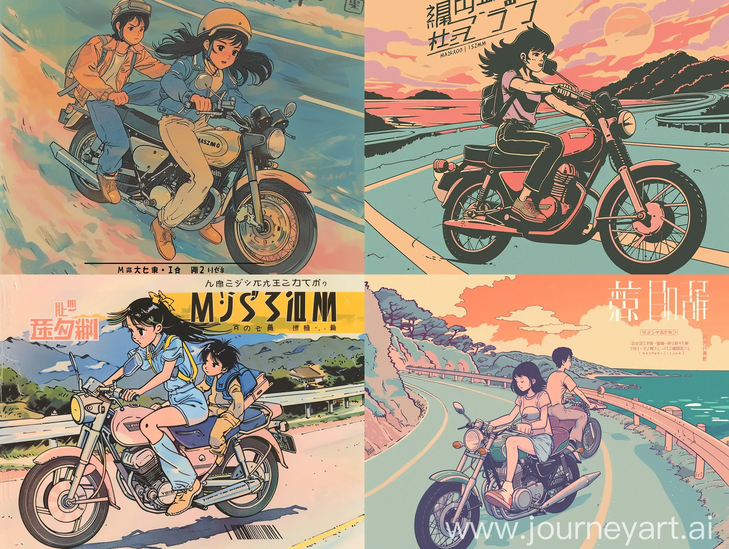 1980s Japanese manga style cover, girl and a boy riding a motorcycle on the road , retro fashion, muted pastel colors, design by Matsumoto Izumi, trendy text