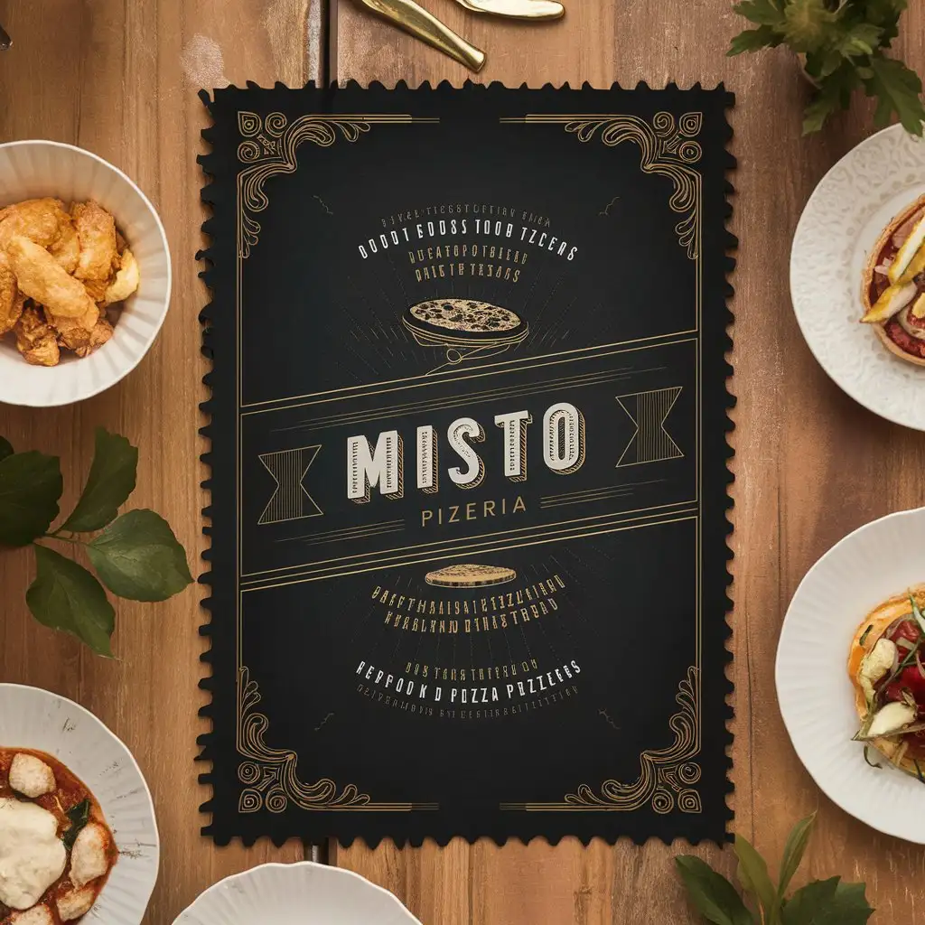 Misto Pizzeria, Menu, Black Vintage menu, Edge decoration, Classic menu, Elegant menu, Pizzeria Menu, A4 