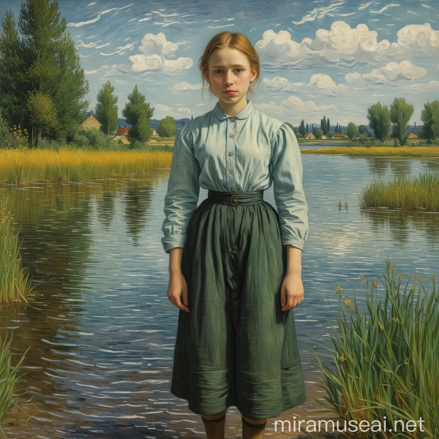 油画，梵高，一个女孩站在湖边