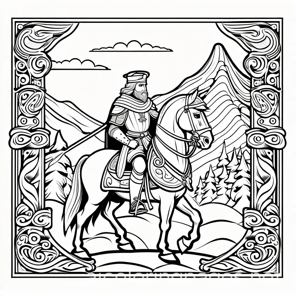 Sir Cedric the courageous, Coloring Page, black and white, line art, white background, Simplicity, Ample White Space. The background of the coloring page is plain white to make it easy for young children to color within the lines. The outlines of all the subjects are easy to distinguish, making it simple for kids to color without too much difficulty