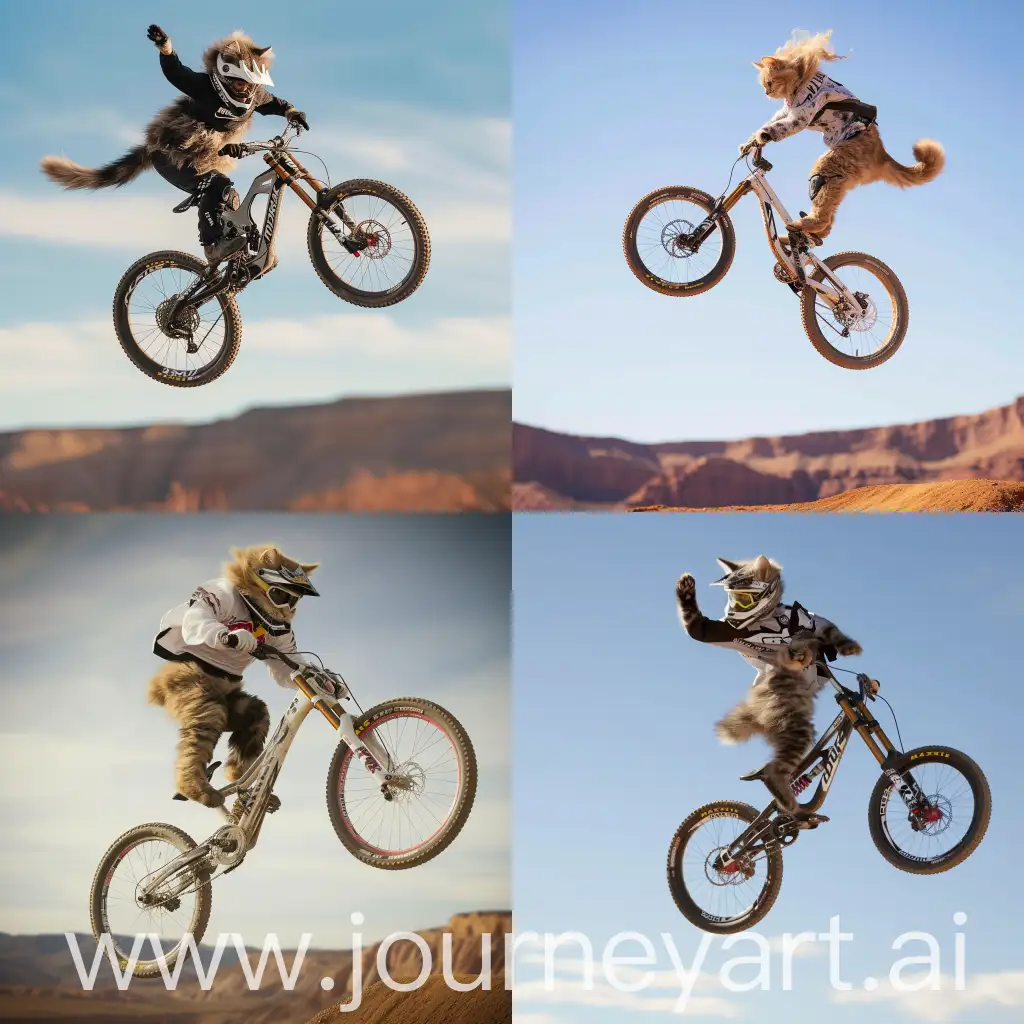 imagine that you are on the redbull rampage contest and take a cinematic photo of kitten as bike rider jumping on full suspension mondraker bike, fluffy, --ar 9:16