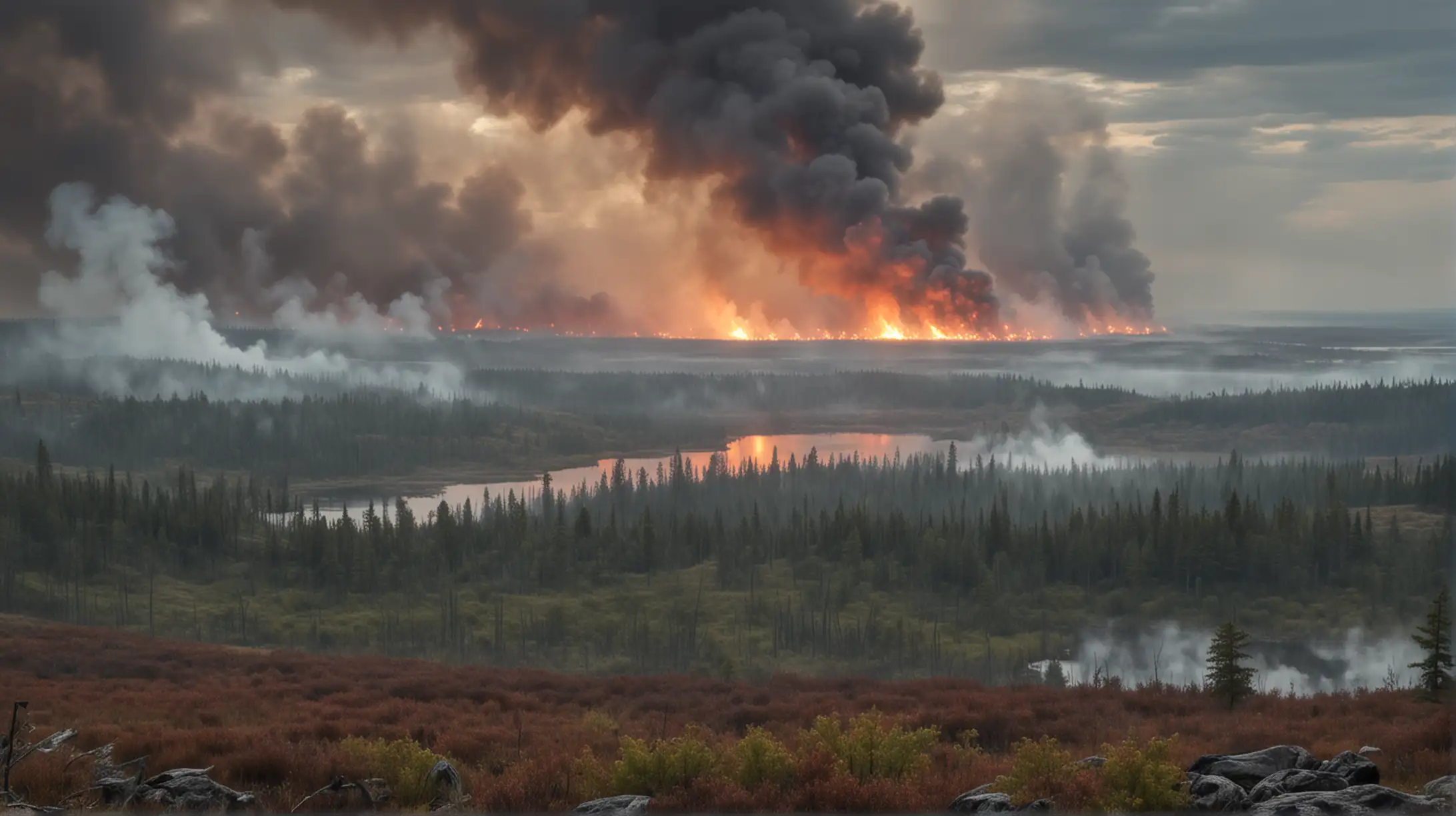Wilderness Landscape with Burning Forest and Small Lake