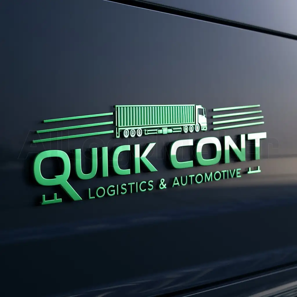 a logo design,with the text "Quick Cont", main symbol: "Brief and modern logo for company 'Quick Cont'. Company name should be done in vibrant emerald or green color on dark background. Task of logotype: Text must be clear and legible, with modern font. Aesthetic should reflect reliability, efficiency, and professionalism. Design should include elements of logistics, such as illustrated train container or truck-container. Only name 'Quick Cont' is given, no more text.",complex,be used in Automotive industry,clear background