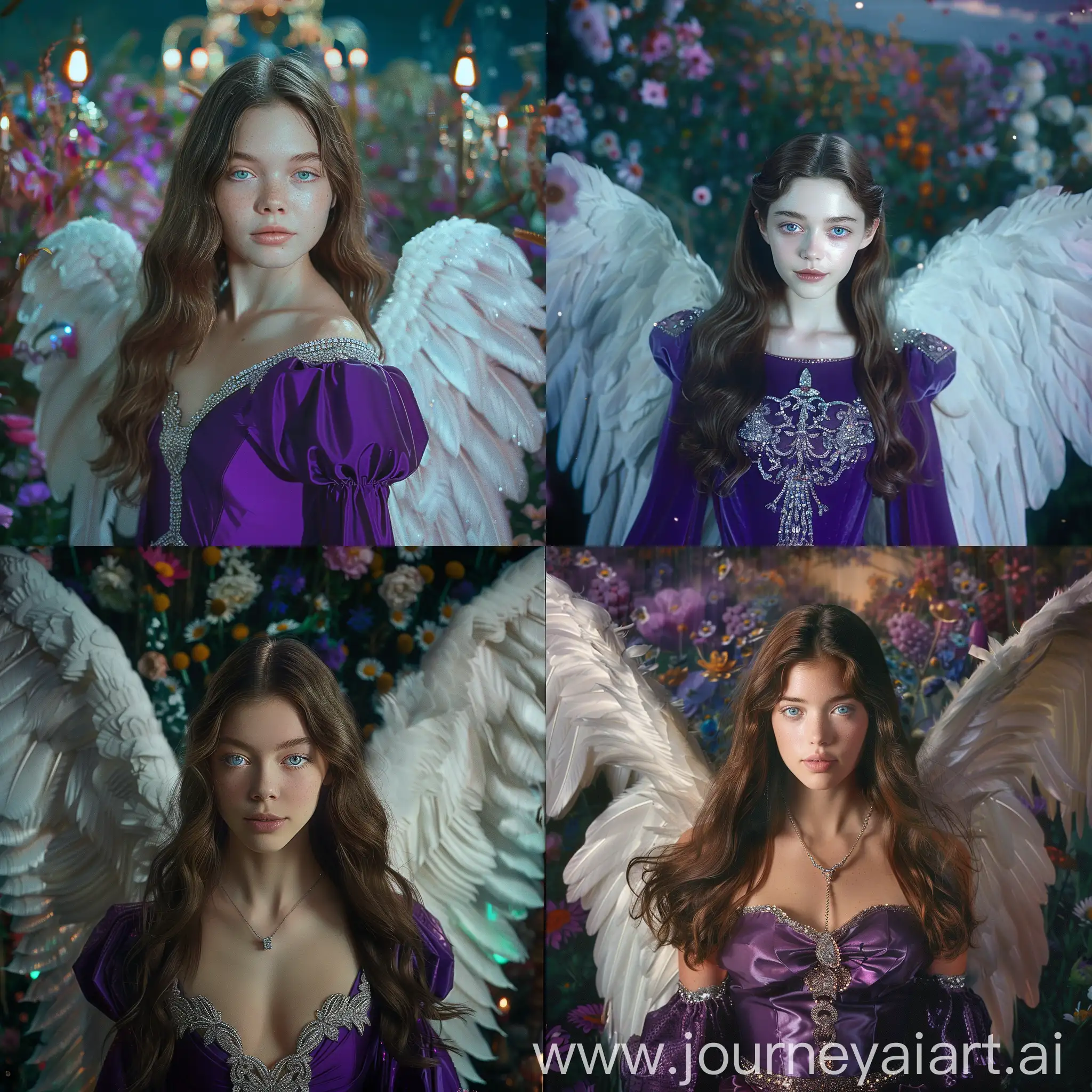 Enchanting-Archangel-in-Alexander-McQueen-Dress-Amidst-Fairytale-Flower-Garden-at-Night