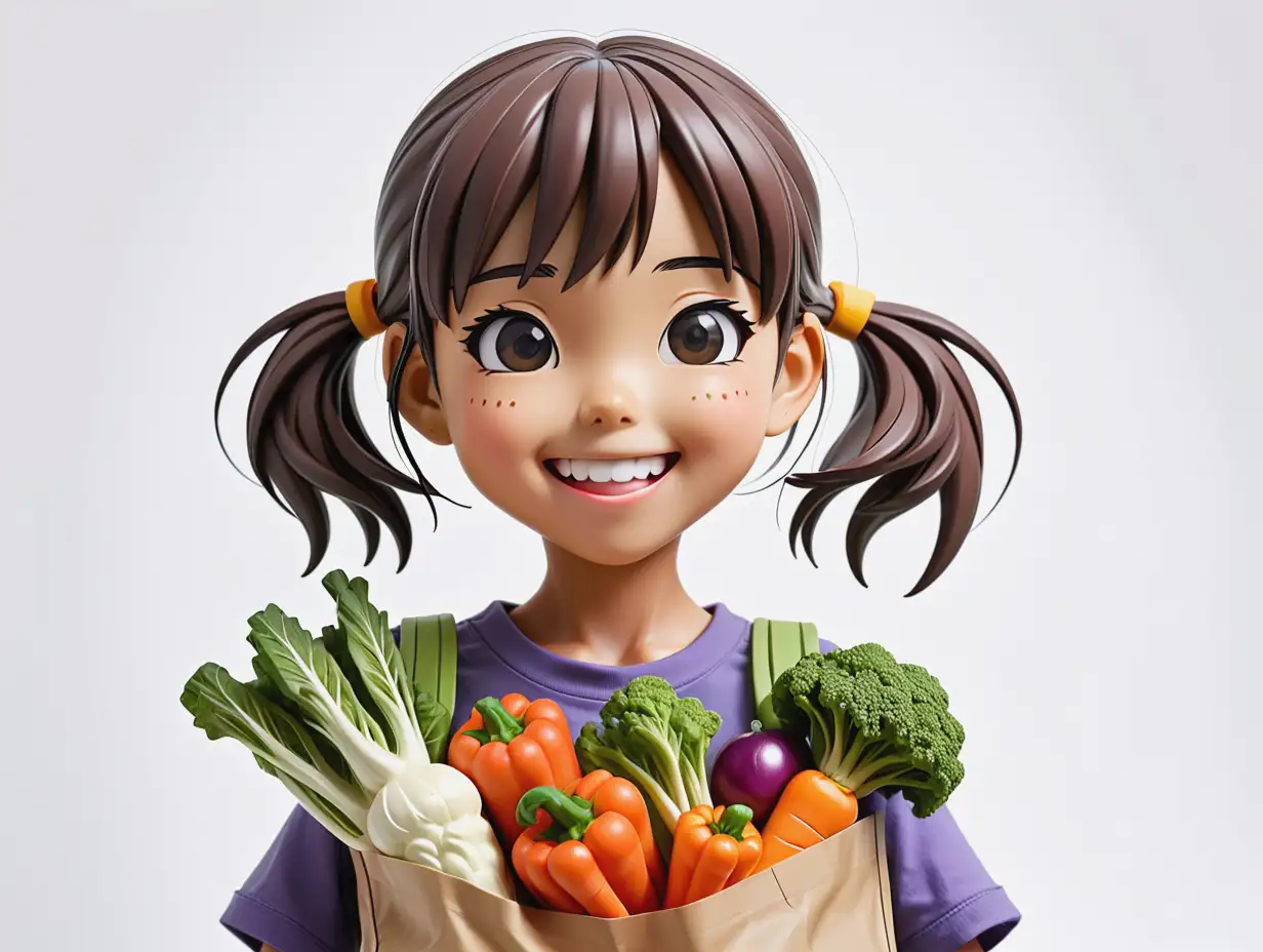 Depicts an anime character, a cheerful young girl carrying a bag of vegetables, set against a white background. This horizontal shot captures a close-up view in a studio setting; FUNKOPOP; FUNKOPOP