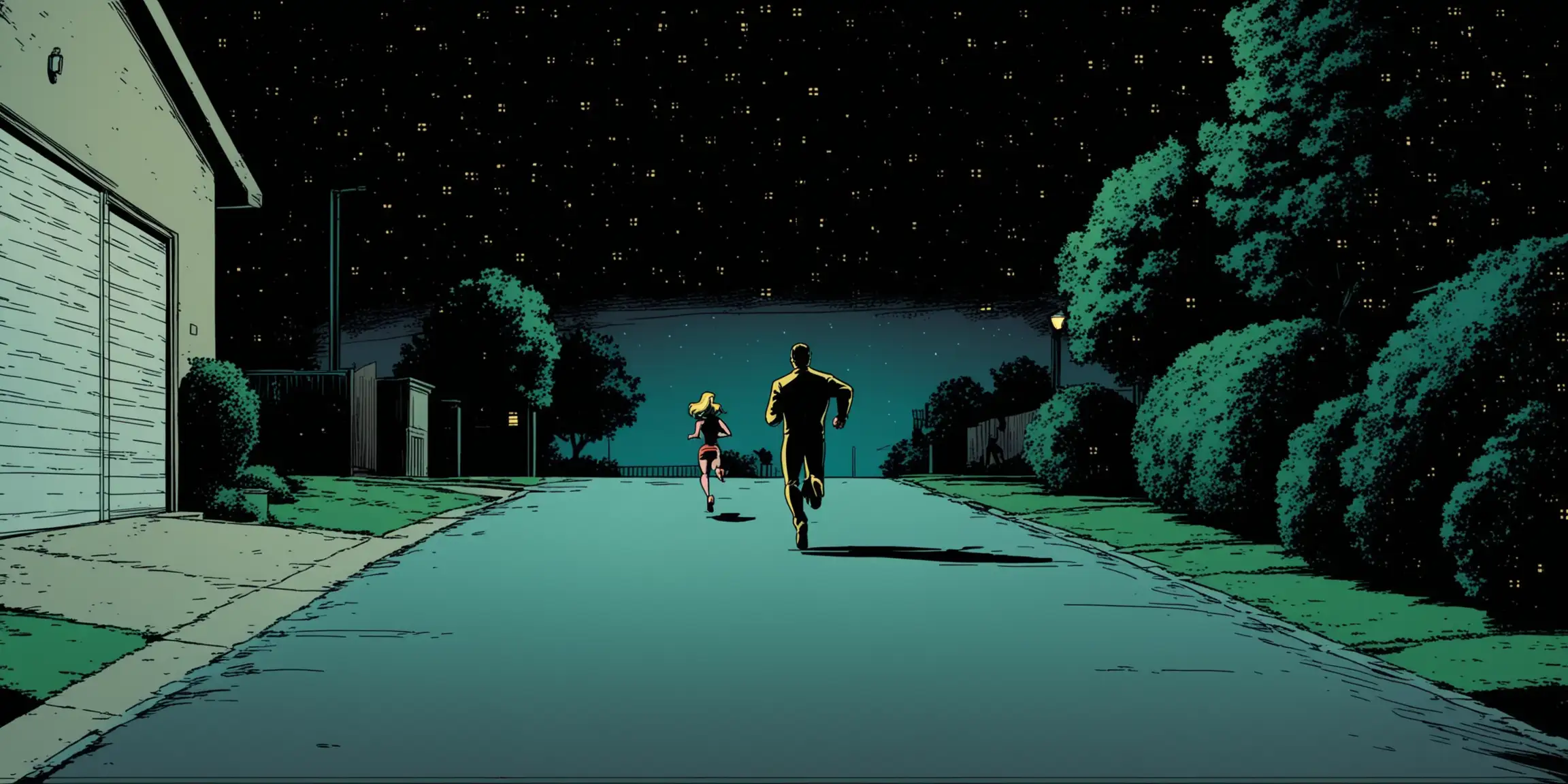 Man Watching Woman Running at Night in Comic Book Style