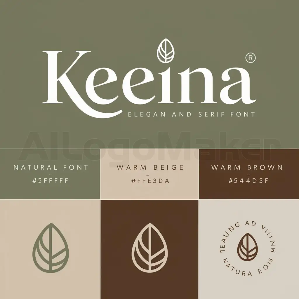 a logo design,with the text "Keeina", main symbol:Brand Logo Suggestion for KeeinanConcept Overview:nFont: Use a clean and elegant serif font similar to 'Didot', reflecting sophistication and purity.nColor Palette:nPrimary Color: Soft Green (#A8D5BA) for a natural, calming feel.nSecondary Colors: White (#FFFFFF) for purity, Warm Beige (#F5E9DA) for warmth, and Deep Brown (#5A4D3F) for reliability.nElements: Incorporate natural motifs such as leaves or a drop of oil to signify natural ingredients and purity.nDesign Idea:nText: The brand name 'Keeina' in Didot font.nSymbol: A simple, stylized leaf or oil drop above or beside the text.nColor Usage:nText in Deep Brown (#5A4D3F).nSymbol in Soft Green (#A8D5BA) and White (#FFFFFF) highlights.nExample Layout:nCentered Design:nSymbol above the text 'Keeina'.nClean and minimalistic with ample white space.nSide-by-Side Design:nSymbol to the left of the text 'Keeina'.nBalanced and modern appearance.nColor Psychology ApplicationnSoft Green: Evokes nature, health, and tranquility.nWhite: Represents purity and simplicity.nWarm Beige: Adds a sense of comfort and approachability.nDeep Brown: Conveys stability and reliability.nMockupnFor a visual reference, you can use design tools like Adobe Illustrator or Canva to create a logo based on the description above. If needed, a professional graphic designer can help refine and perfect the logo.nBy incorporating these elements, Keeina’s logo will effectively communicate the brand’s commitment to natural, science-backed hair and skincare solutions, appealing to a broad, eco-conscious audience.,Moderate,clear background