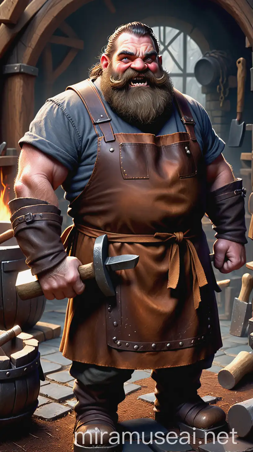 Grimbald is a burly dwarf with a thick beard that nearly obscures his face and arms like tree trunks. His hands are calloused from years of wielding hammers and tongs at his forge. He wears a leather apron over his sturdy work clothes, and his eyes sparkle with a mix of determination and pride in his craft.